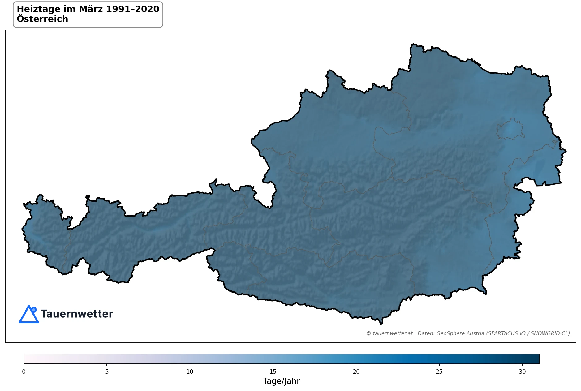 Klimakarte Heiztage (Tmittel < 12 °C), März 1991–2020 in Österreich