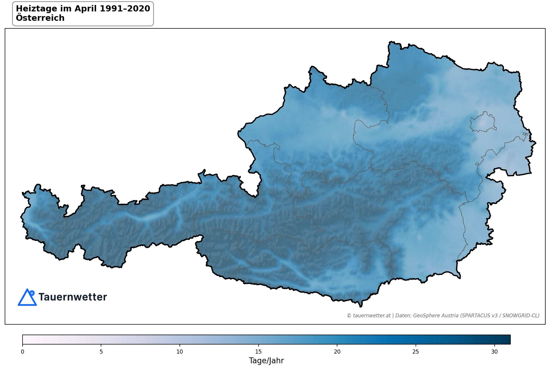 Klimakarte Heiztage (Tmittel < 12 °C), April 1991–2020 in Österreich