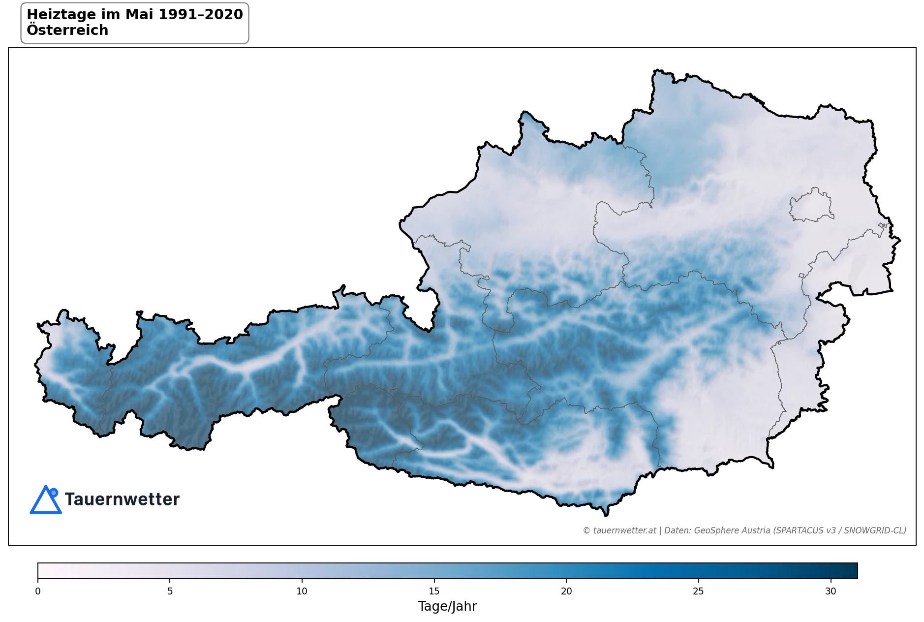 Klimakarte Heiztage (Tmittel < 12 °C), Mai 1991–2020 in Österreich