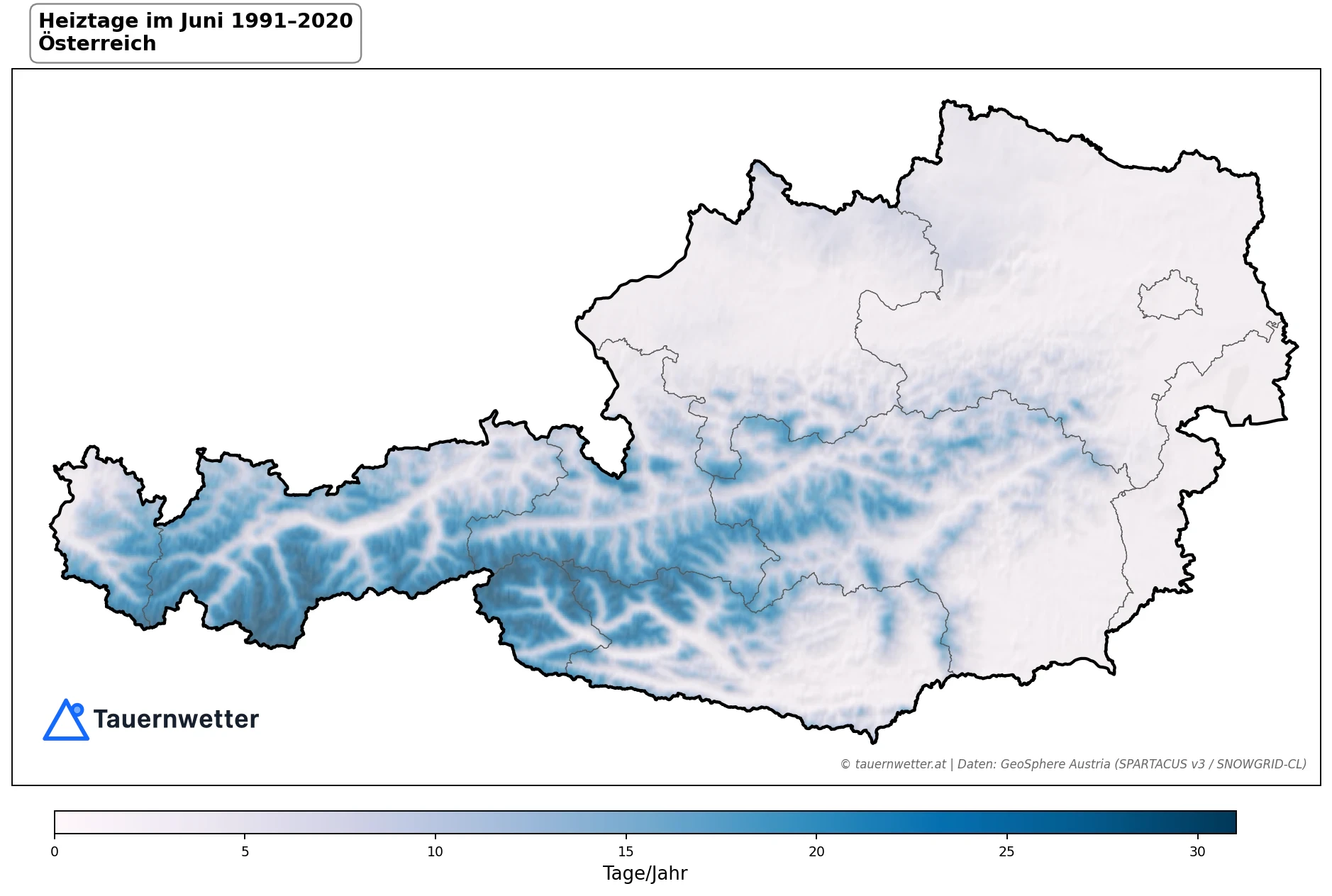 Klimakarte Heiztage (Tmittel < 12 °C), Juni 1991–2020 in Österreich