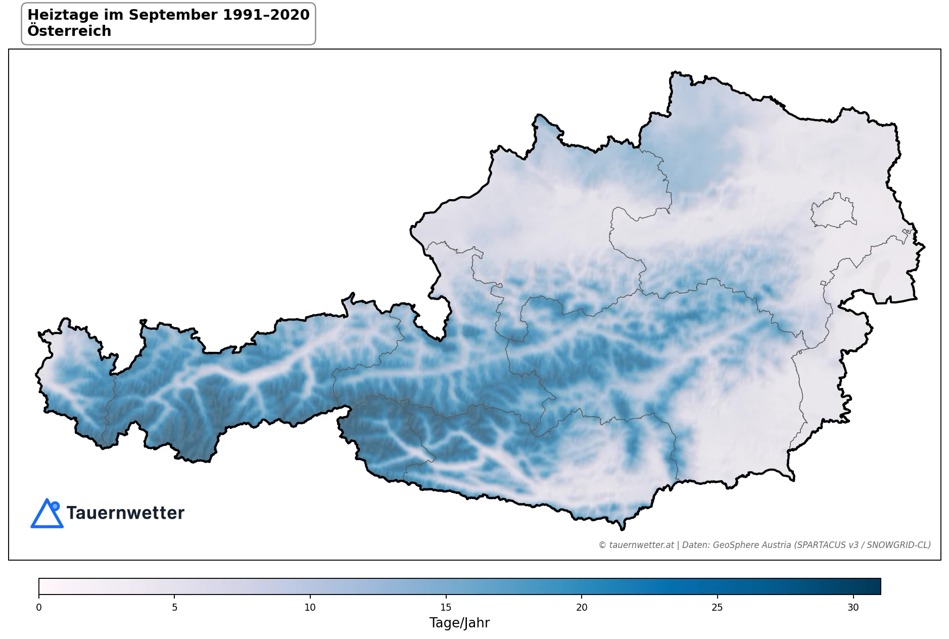 Klimakarte Heiztage (Tmittel < 12 °C), September 1991–2020 in Österreich