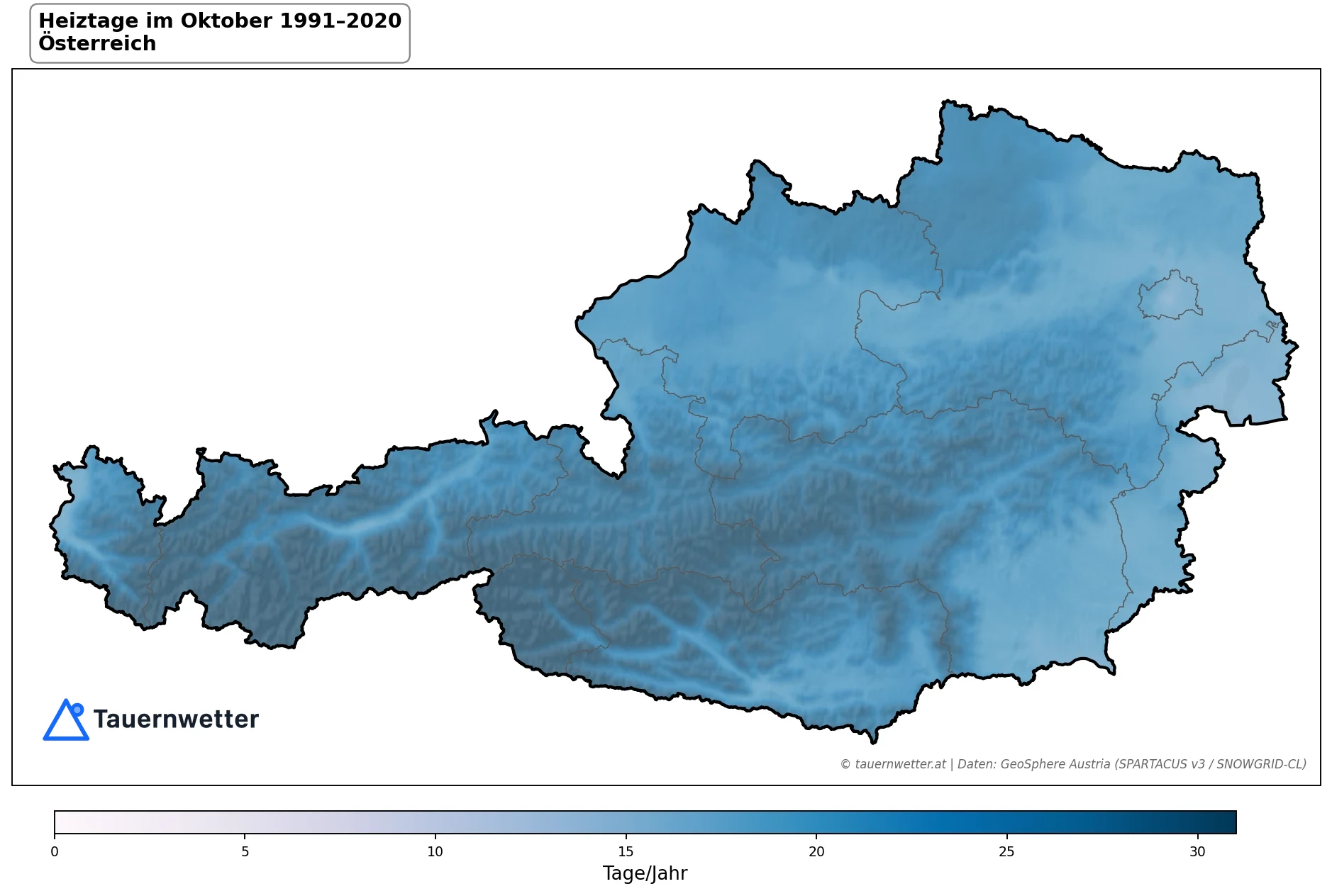 Klimakarte Heiztage (Tmittel < 12 °C), Oktober 1991–2020 in Österreich