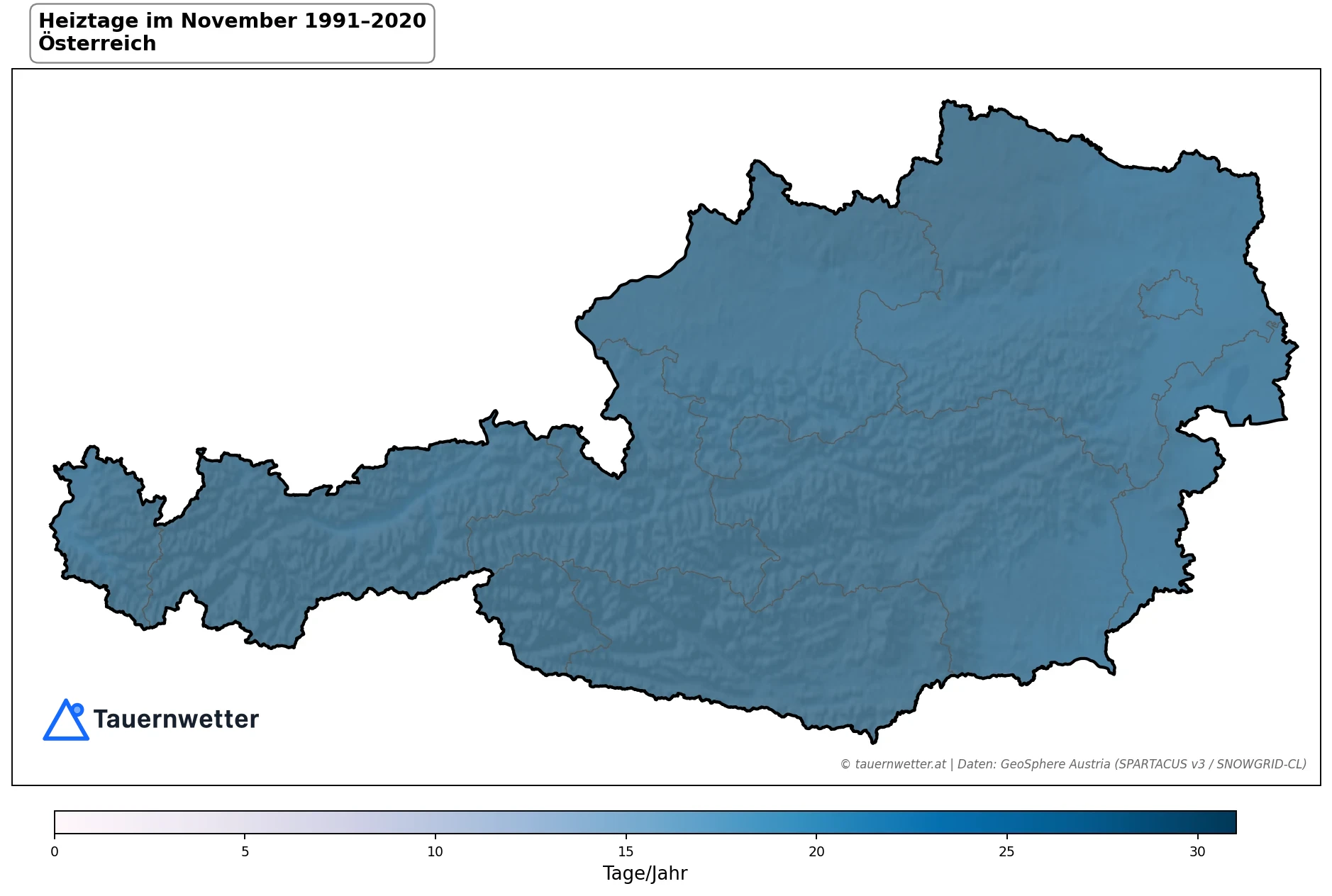 Klimakarte Heiztage (Tmittel < 12 °C), November 1991–2020 in Österreich