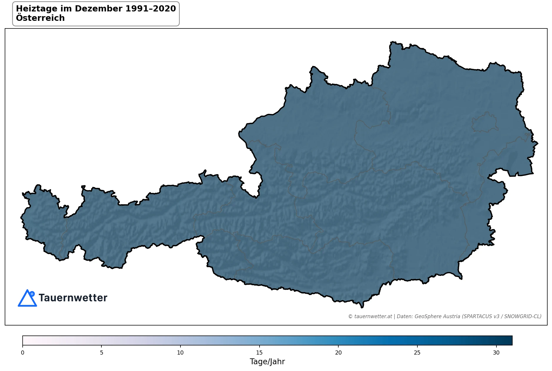 Klimakarte Heiztage (Tmittel < 12 °C), Dezember 1991–2020 in Österreich