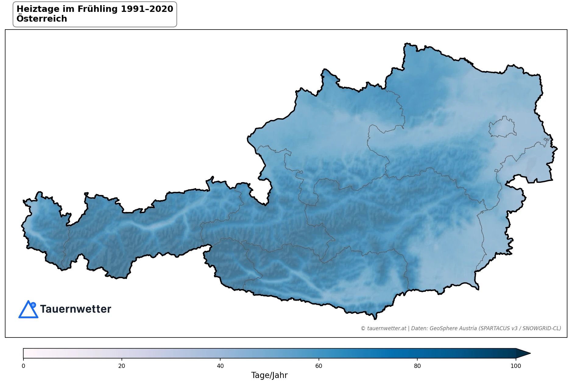 Klimakarte Heiztage (Tmittel < 12 °C), Frühling (MAM) 1991–2020 in Österreich