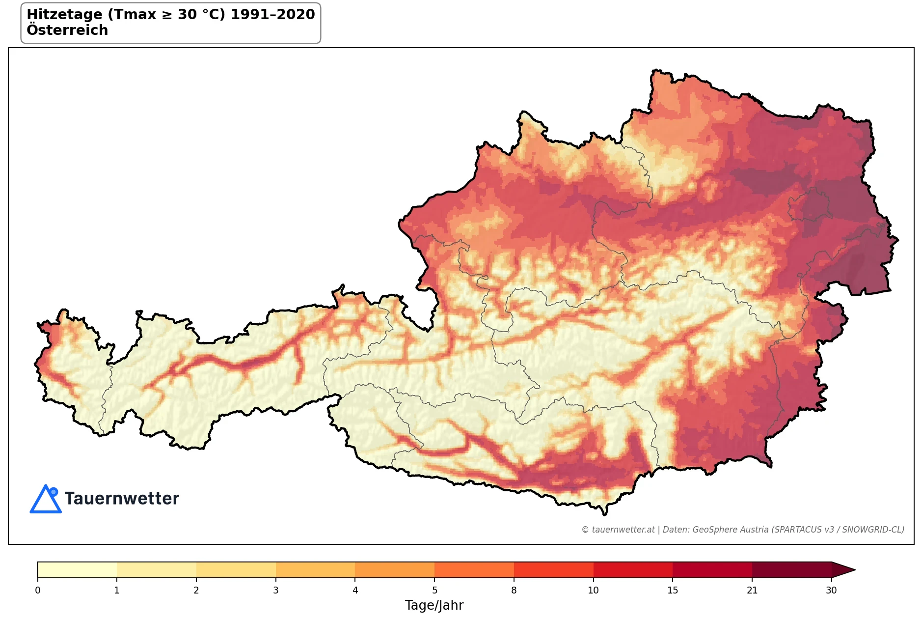 Klimakarte Hitzetage (Tmax ≥ 30 °C), Jahr 1991–2020 in Österreich