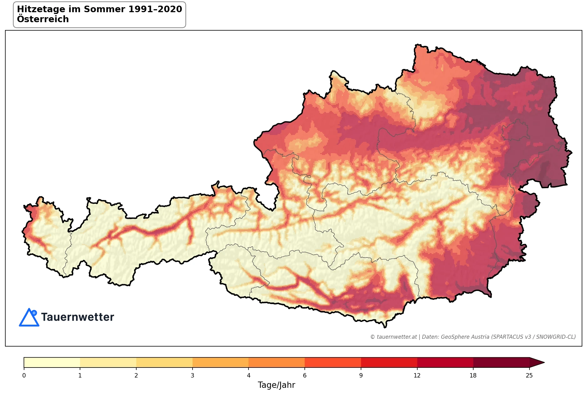 Klimakarte Hitzetage (Tmax ≥ 30 °C), Sommer (JJA) 1991–2020 in Österreich
