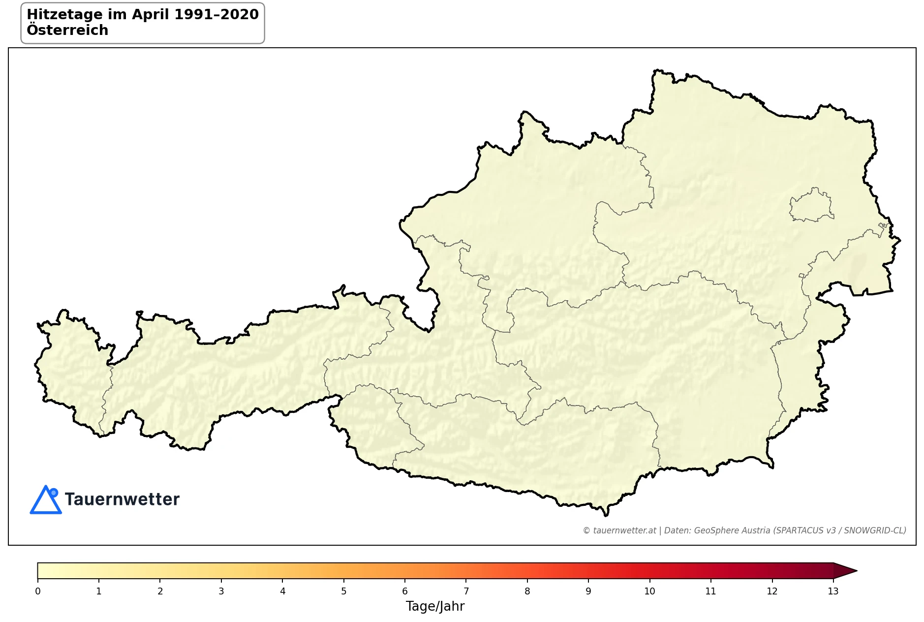 Klimakarte Hitzetage (Tmax ≥ 30 °C), April 1991–2020 in Österreich