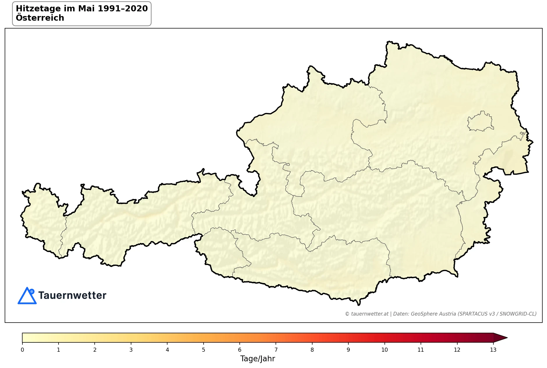 Klimakarte Hitzetage (Tmax ≥ 30 °C), Mai 1991–2020 in Österreich