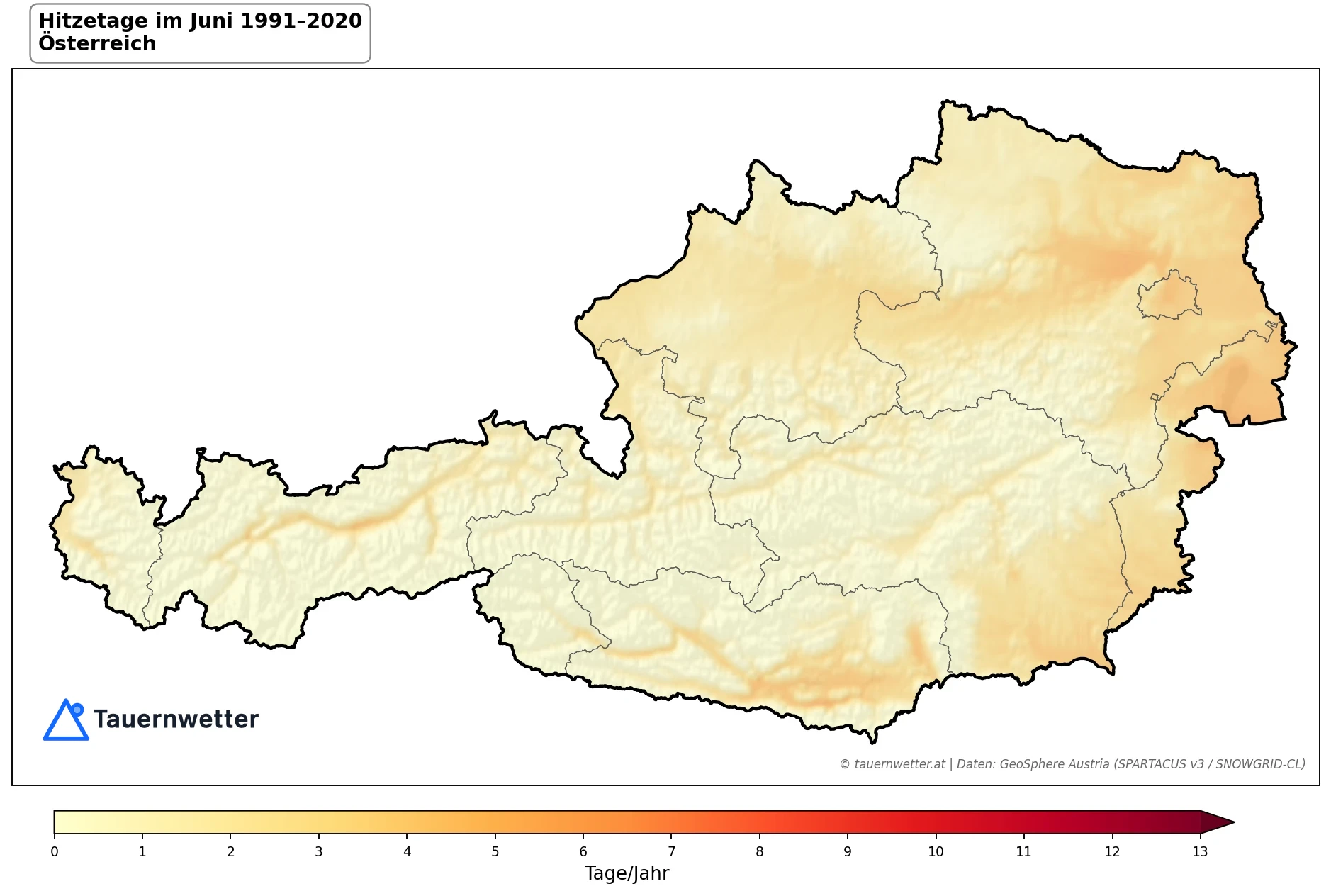 Klimakarte Hitzetage (Tmax ≥ 30 °C), Juni 1991–2020 in Österreich
