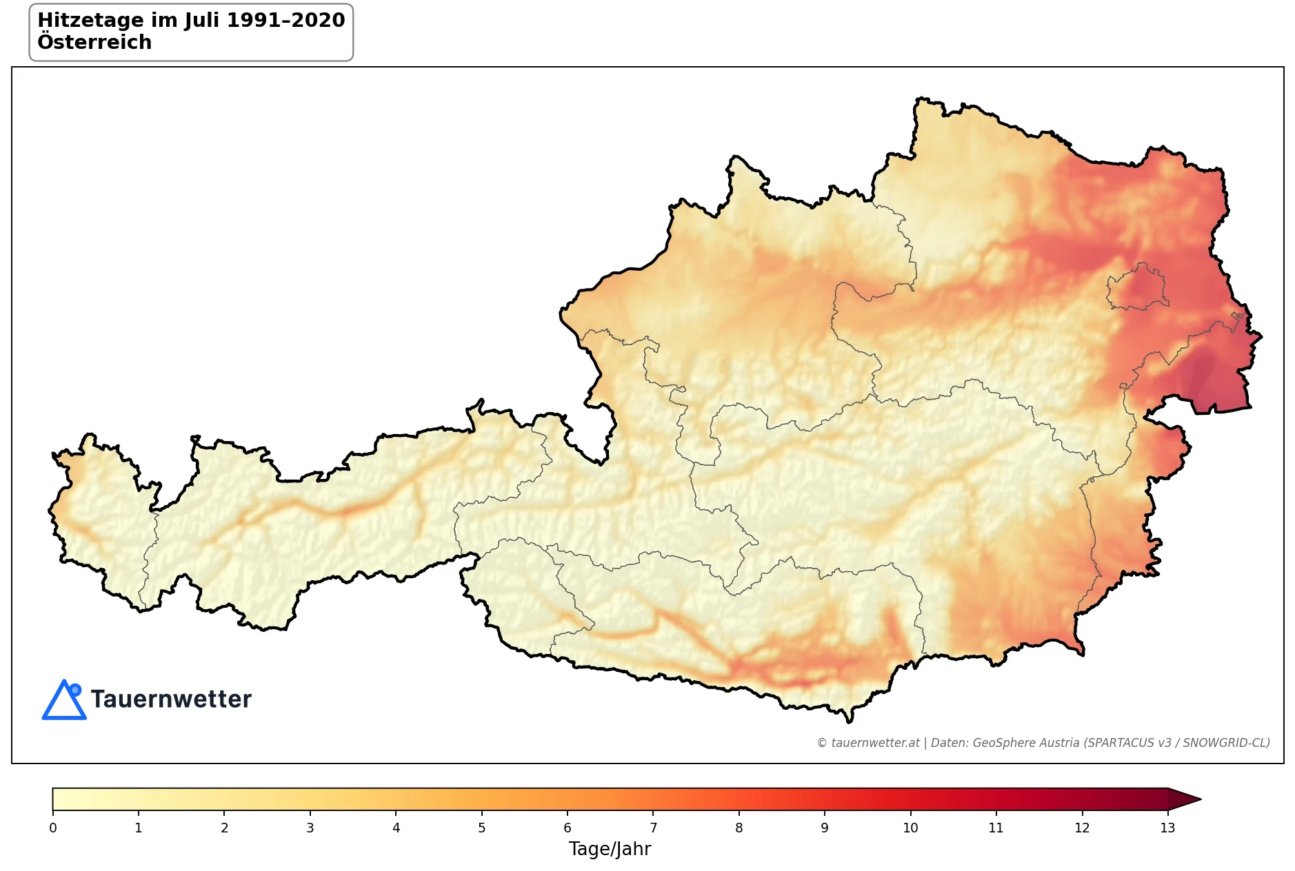 Klimakarte Hitzetage (Tmax ≥ 30 °C), Juli 1991–2020 in Österreich