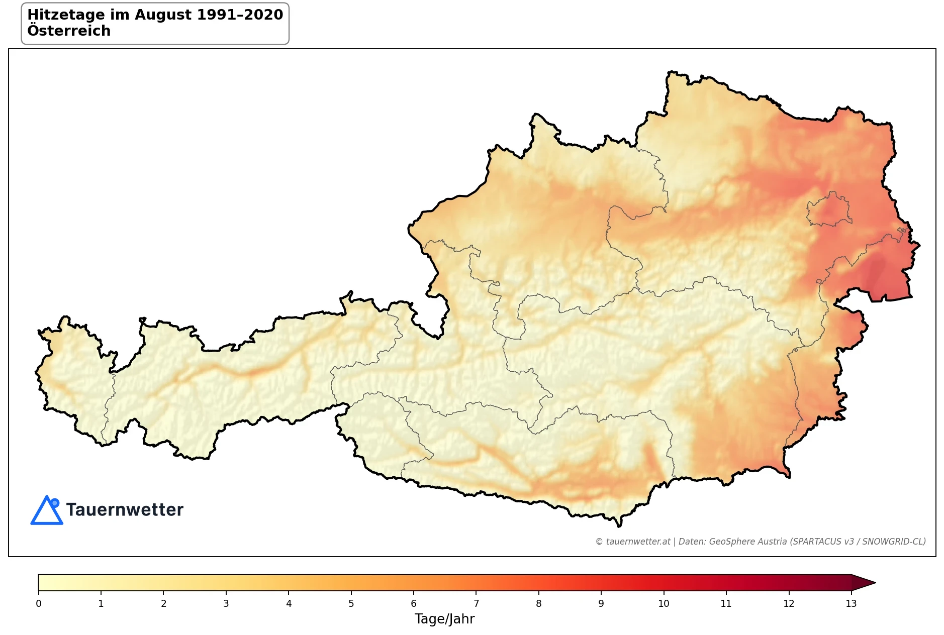 Klimakarte Hitzetage (Tmax ≥ 30 °C), August 1991–2020 in Österreich