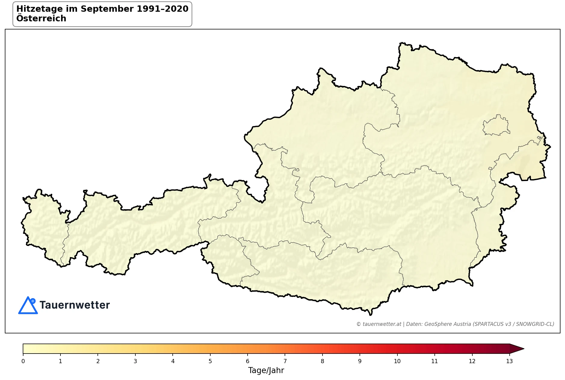 Klimakarte Hitzetage (Tmax ≥ 30 °C), September 1991–2020 in Österreich