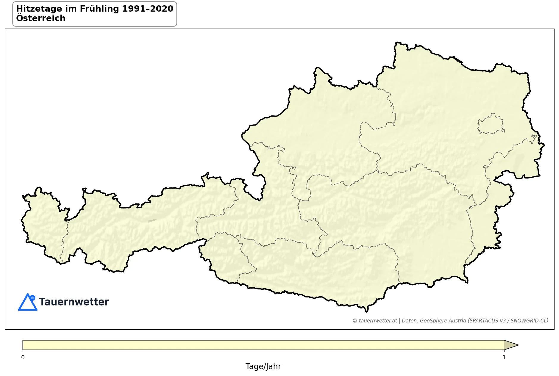 Klimakarte Hitzetage (Tmax ≥ 30 °C), Frühling (MAM) 1991–2020 in Österreich