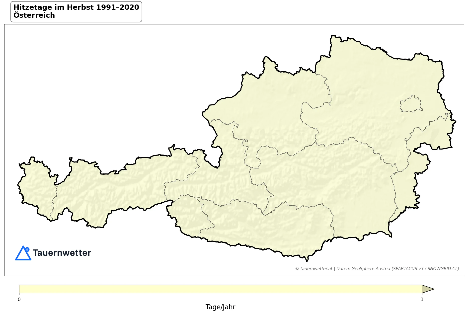 Klimakarte Hitzetage (Tmax ≥ 30 °C), Herbst (SON) 1991–2020 in Österreich