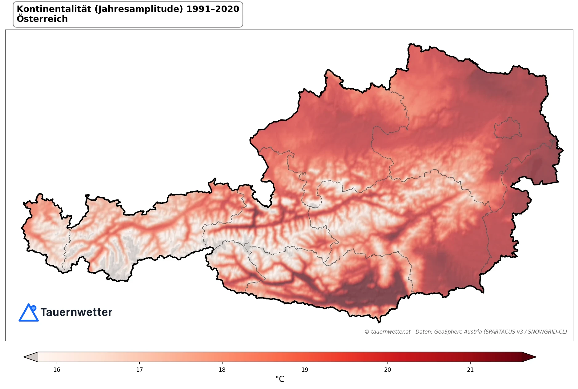 Klimakarte Kontinentalität (Jahresamplitude), Jahr 1991–2020 in Österreich
