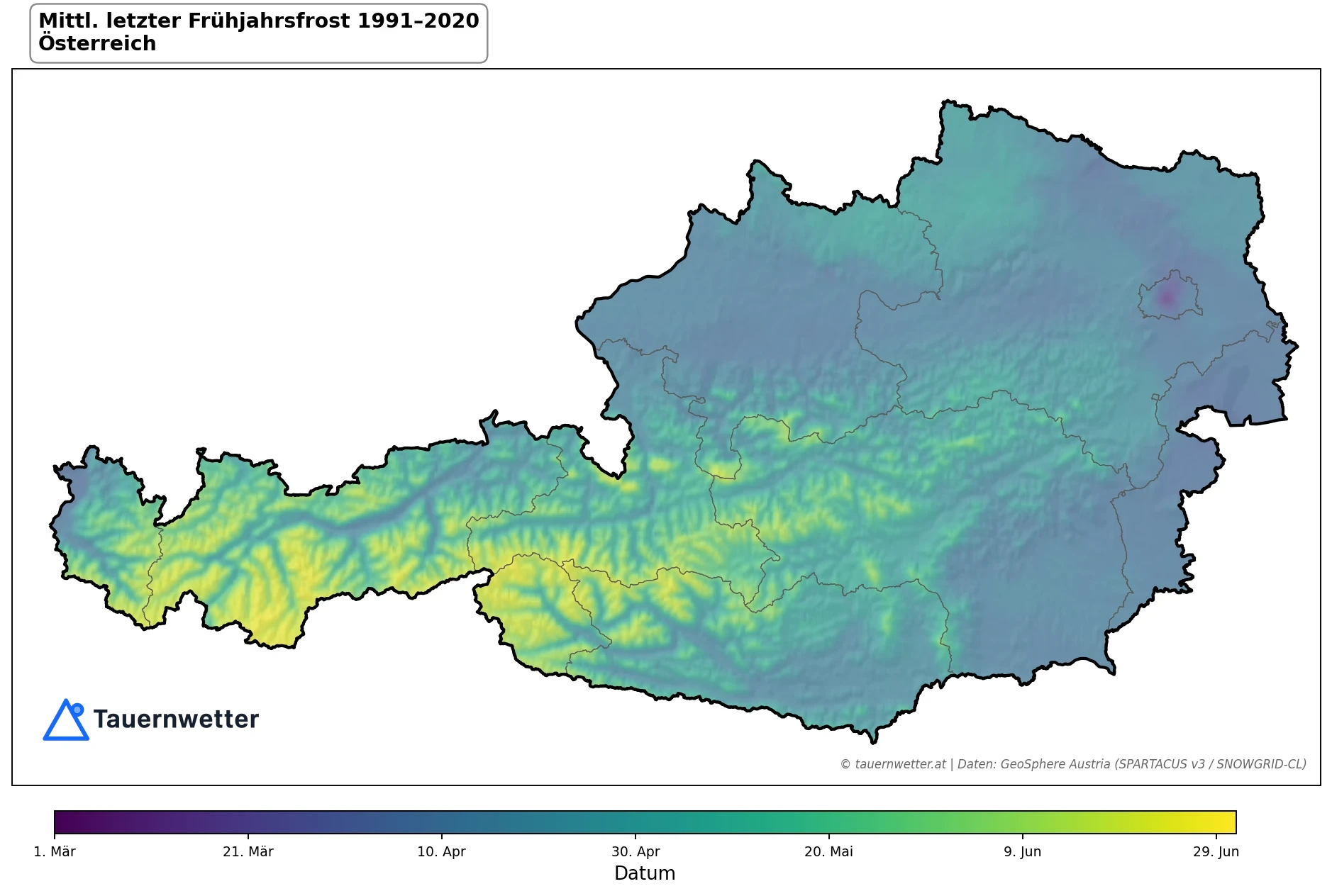 Klimakarte Letzter Frühjahrsfrost, Jahr 1991–2020 in Österreich
