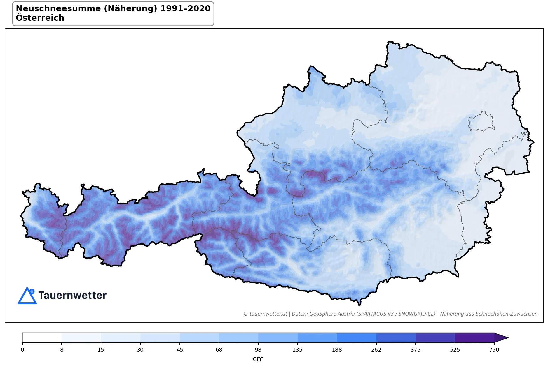 Klimakarte Neuschneesumme (Näherung), Jahr 1991–2020 in Österreich
