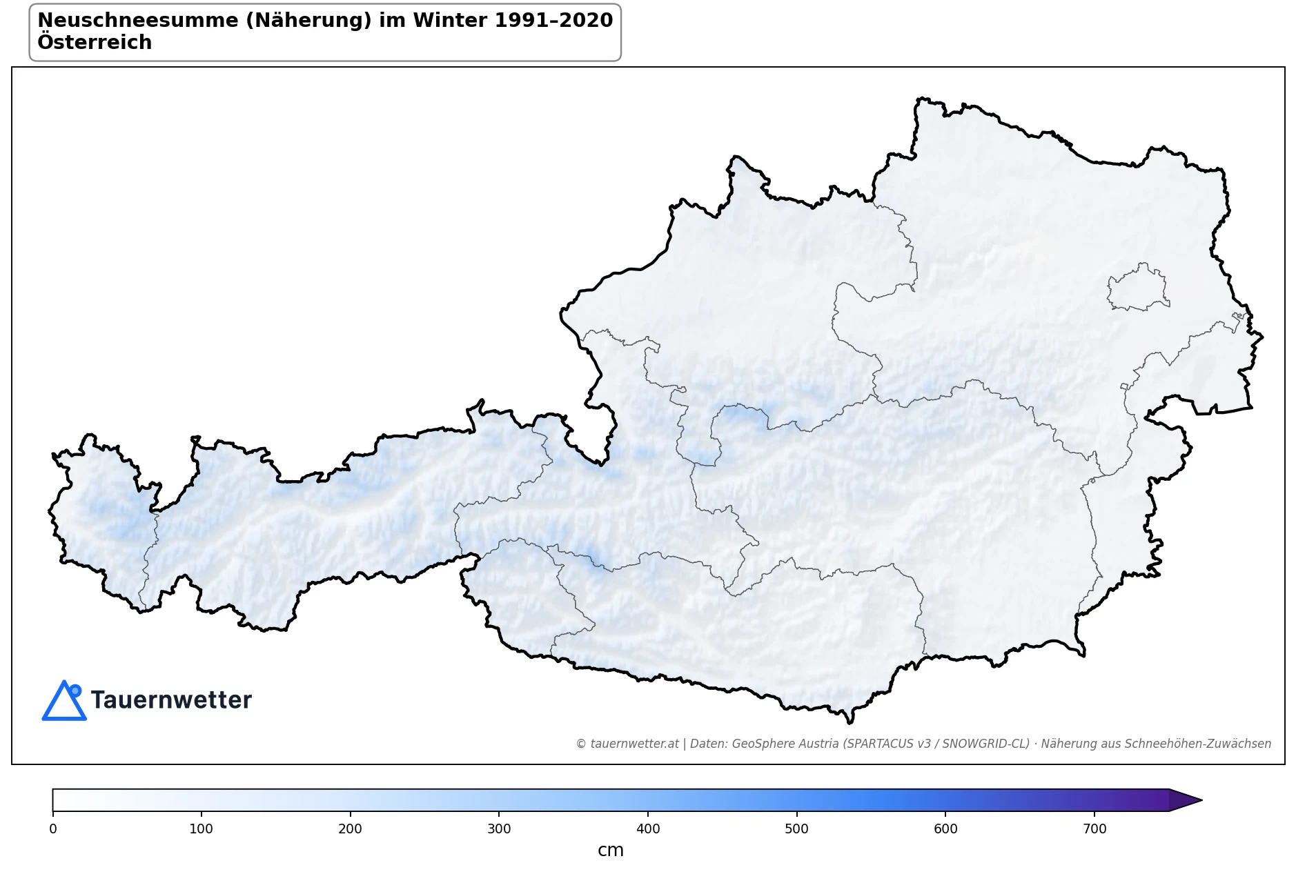 Klimakarte Neuschneesumme (Näherung), Winter (DJF) 1991–2020 in Österreich