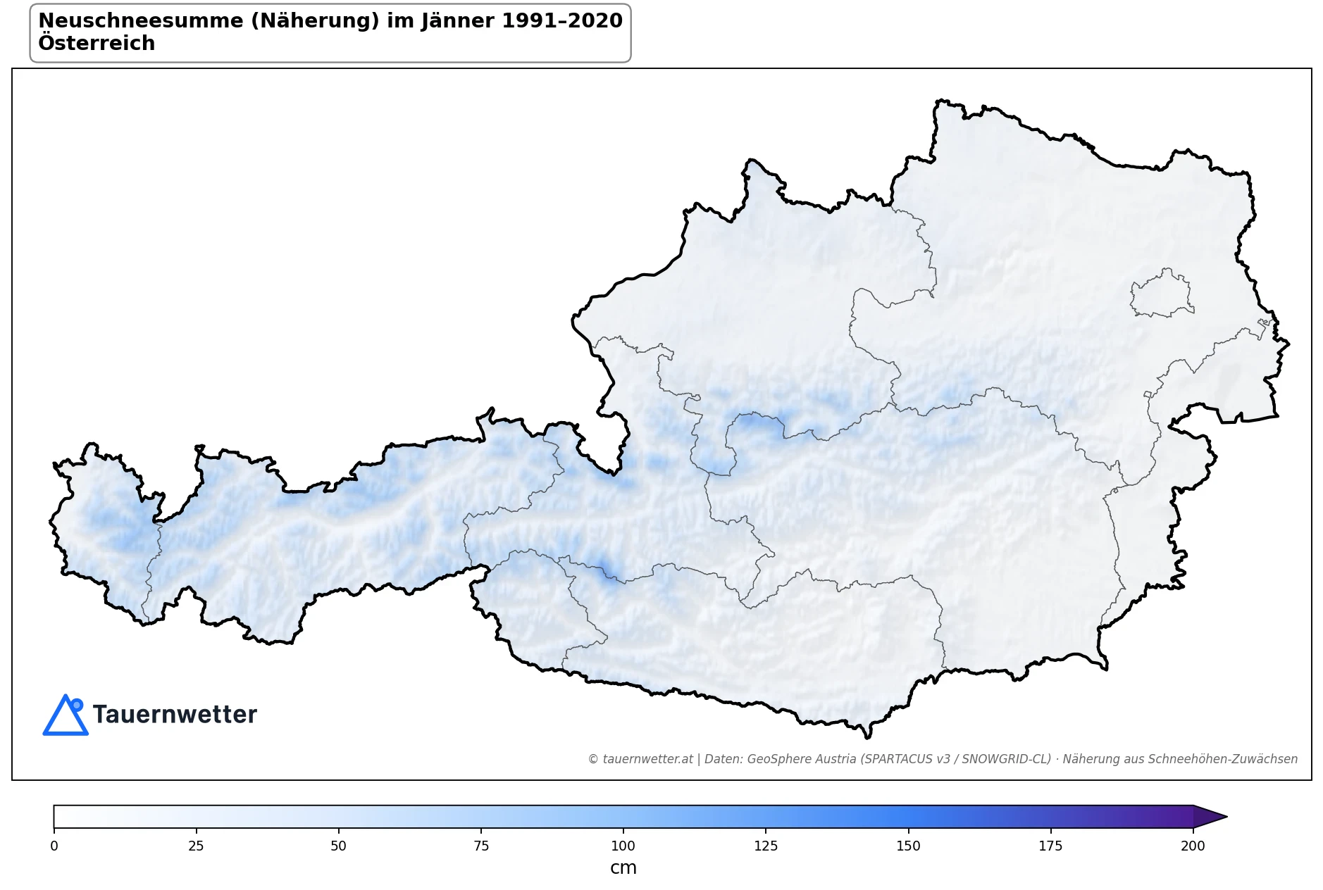 Klimakarte Neuschneesumme (Näherung), Jänner 1991–2020 in Österreich