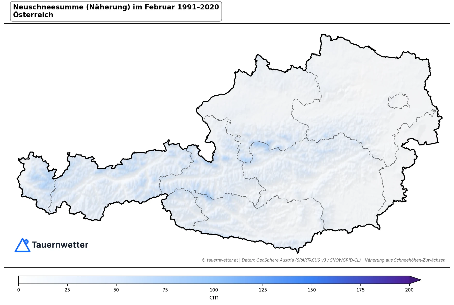 Klimakarte Neuschneesumme (Näherung), Februar 1991–2020 in Österreich