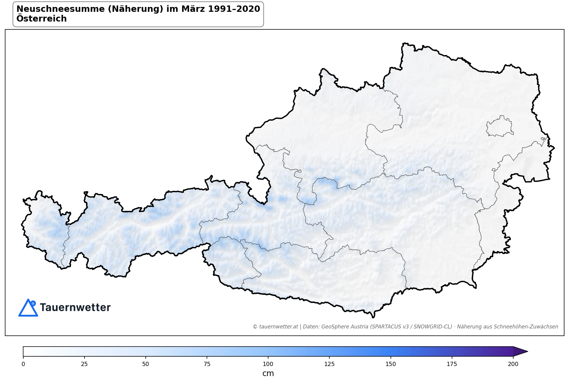 Klimakarte Neuschneesumme (Näherung), März 1991–2020 in Österreich