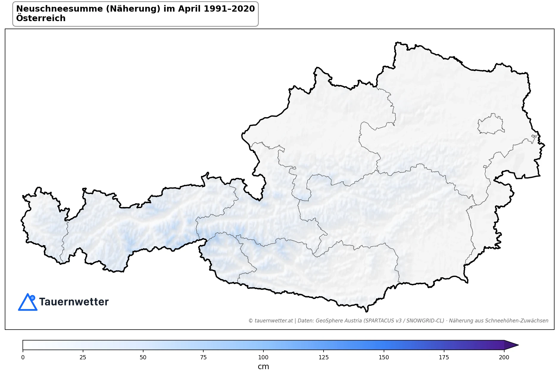 Klimakarte Neuschneesumme (Näherung), April 1991–2020 in Österreich
