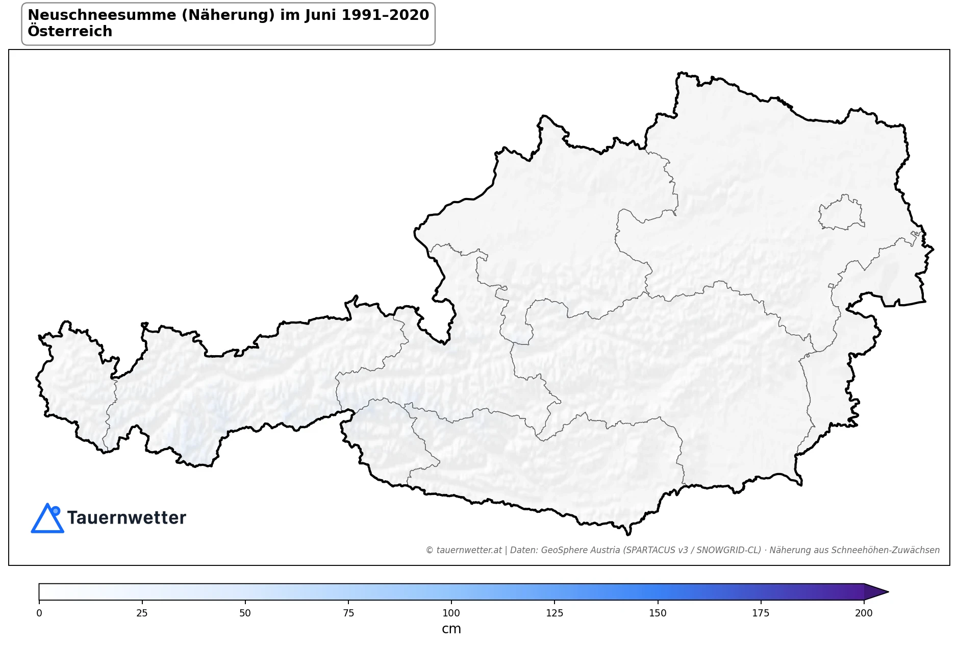 Klimakarte Neuschneesumme (Näherung), Juni 1991–2020 in Österreich