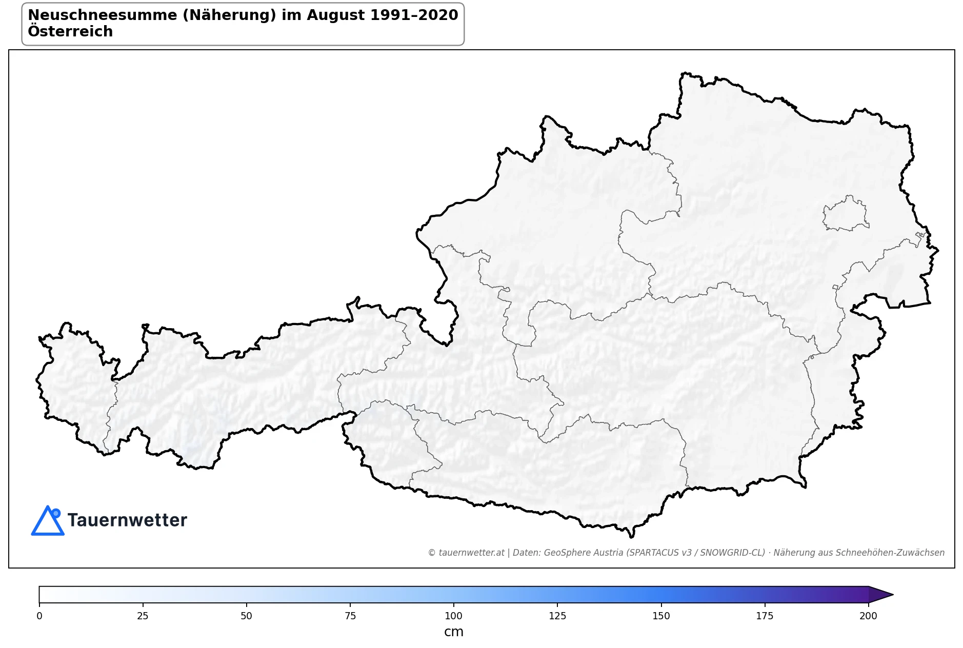 Klimakarte Neuschneesumme (Näherung), August 1991–2020 in Österreich