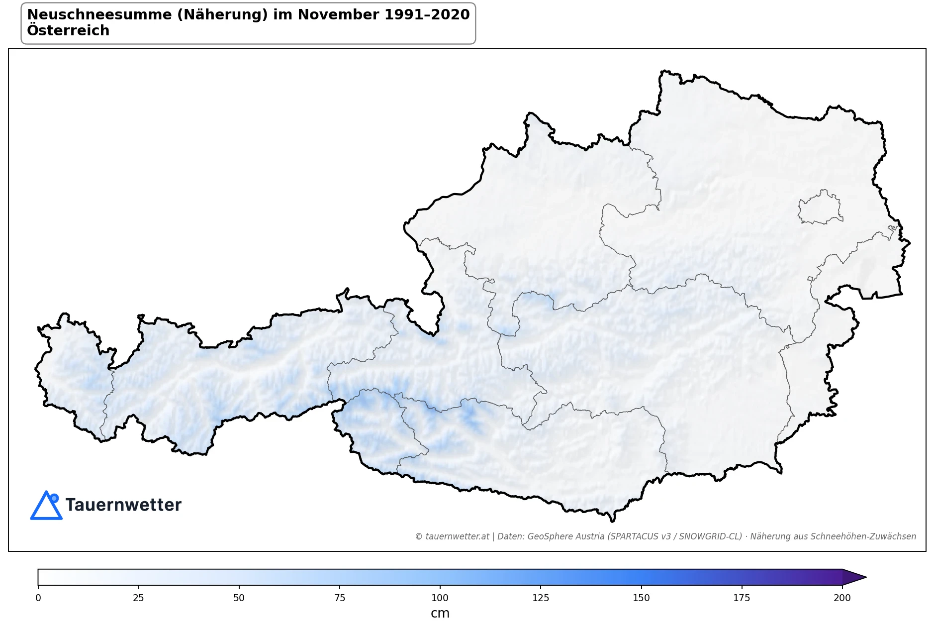 Klimakarte Neuschneesumme (Näherung), November 1991–2020 in Österreich
