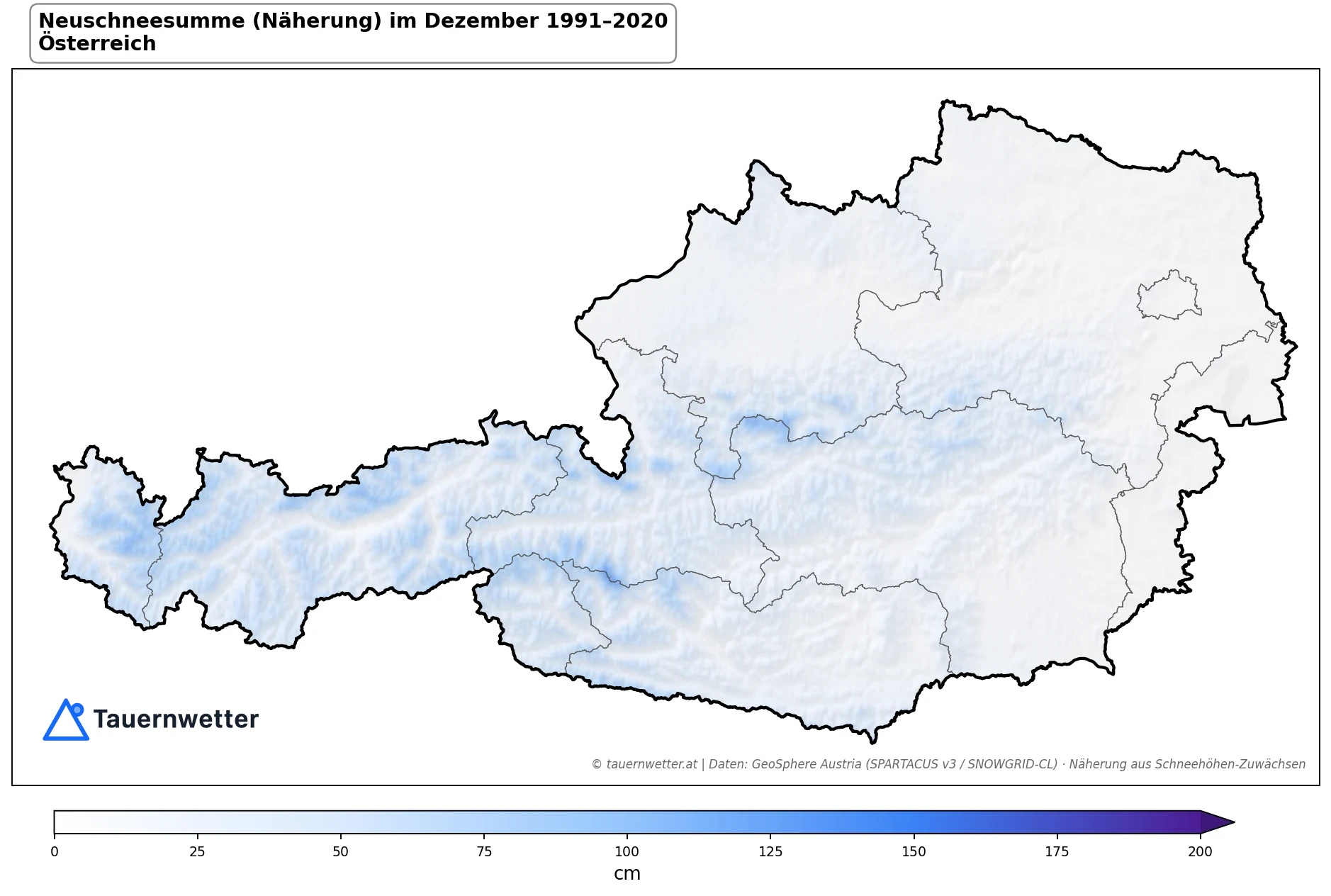 Klimakarte Neuschneesumme (Näherung), Dezember 1991–2020 in Österreich