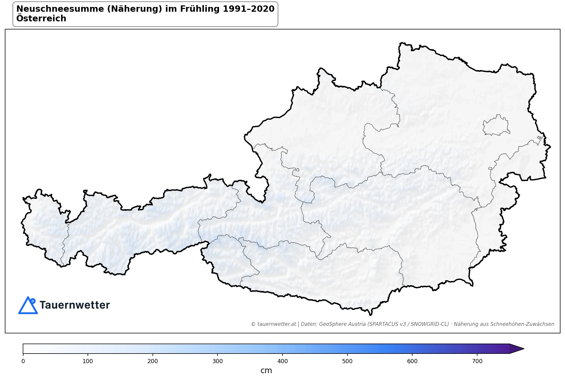 Klimakarte Neuschneesumme (Näherung), Frühling (MAM) 1991–2020 in Österreich