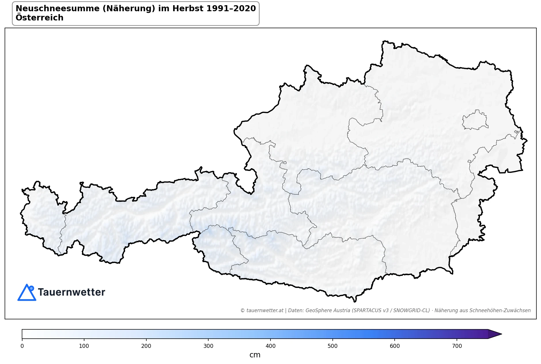 Klimakarte Neuschneesumme (Näherung), Herbst (SON) 1991–2020 in Österreich