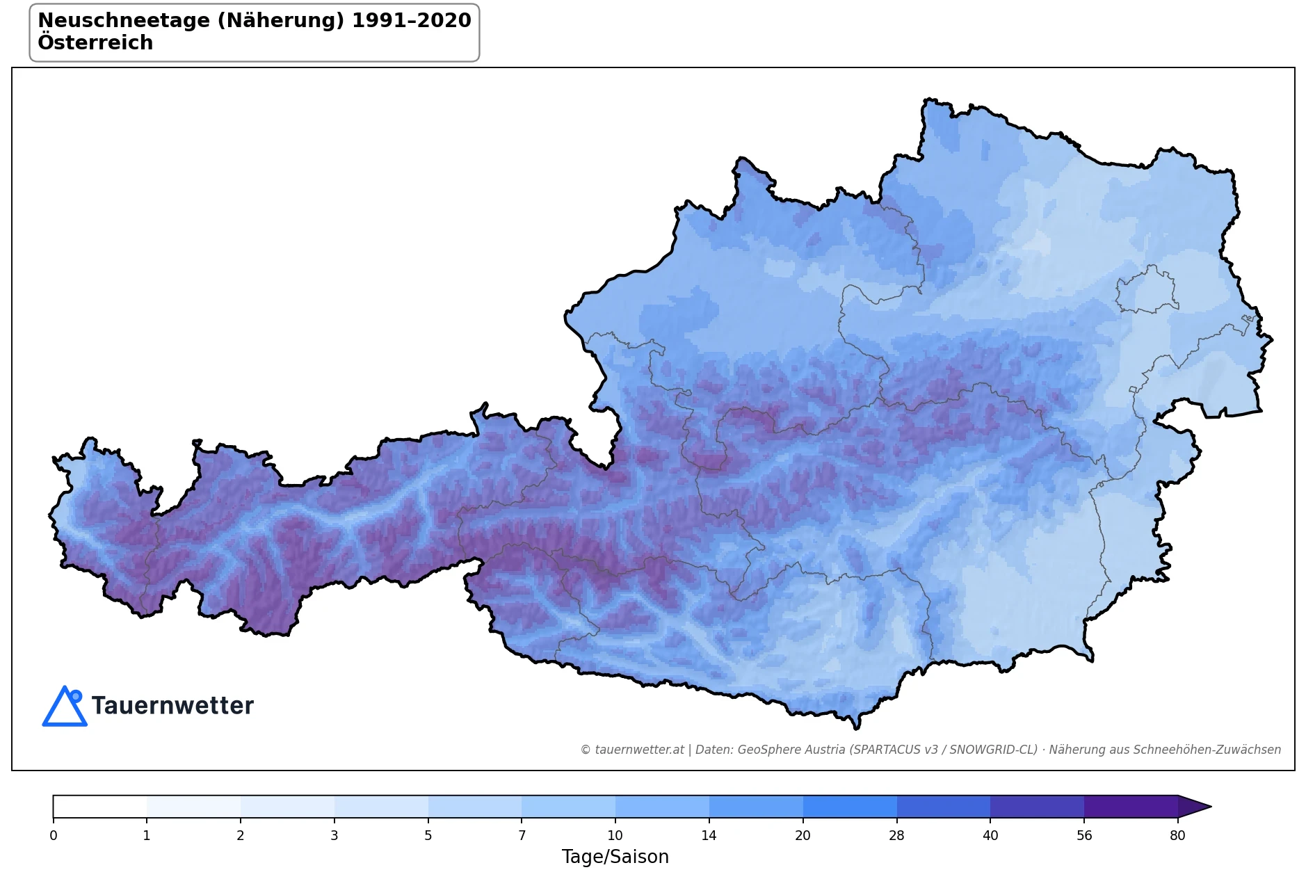 Klimakarte Neuschneetage (Näherung), Jahr 1991–2020 in Österreich
