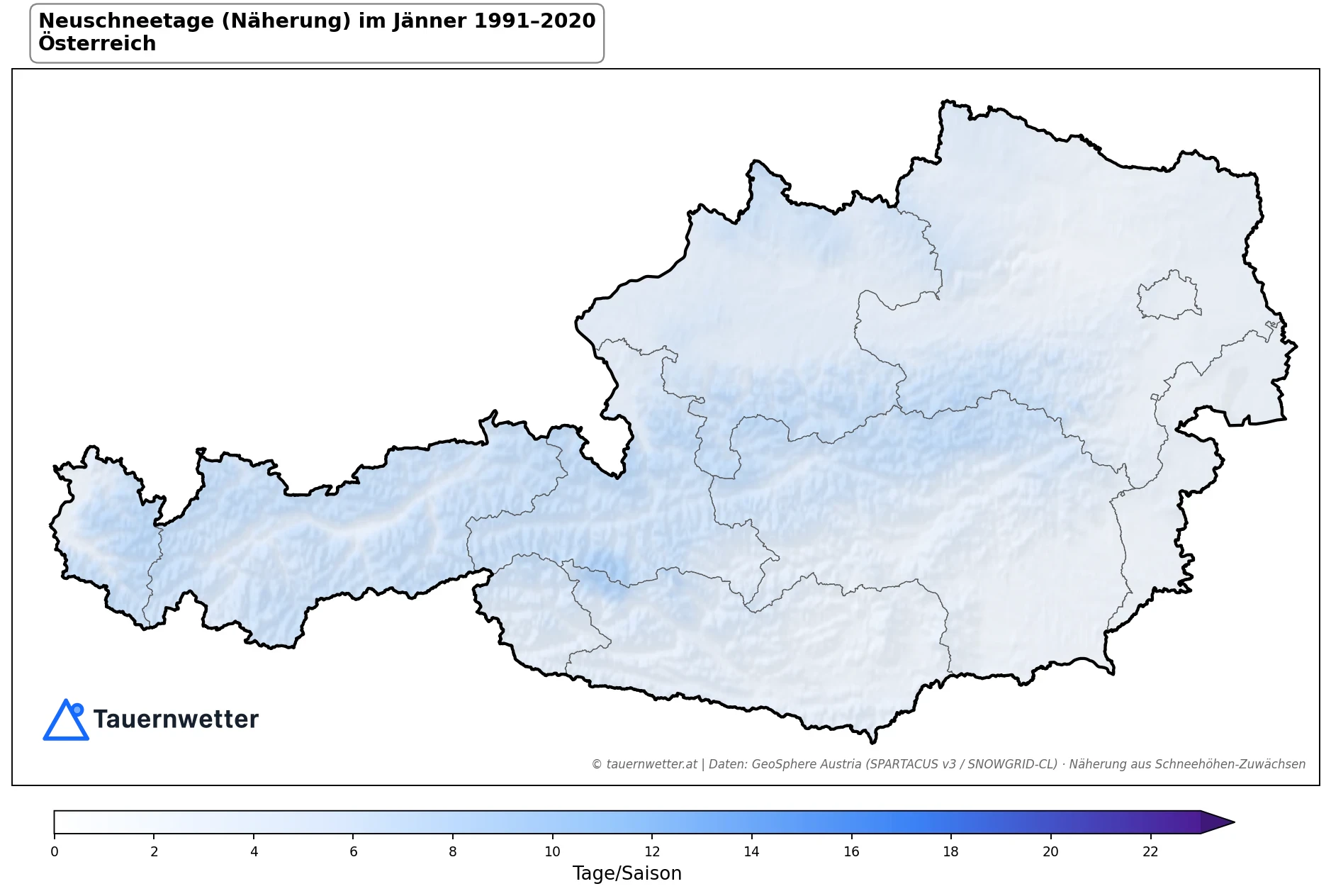 Klimakarte Neuschneetage (Näherung), Jänner 1991–2020 in Österreich