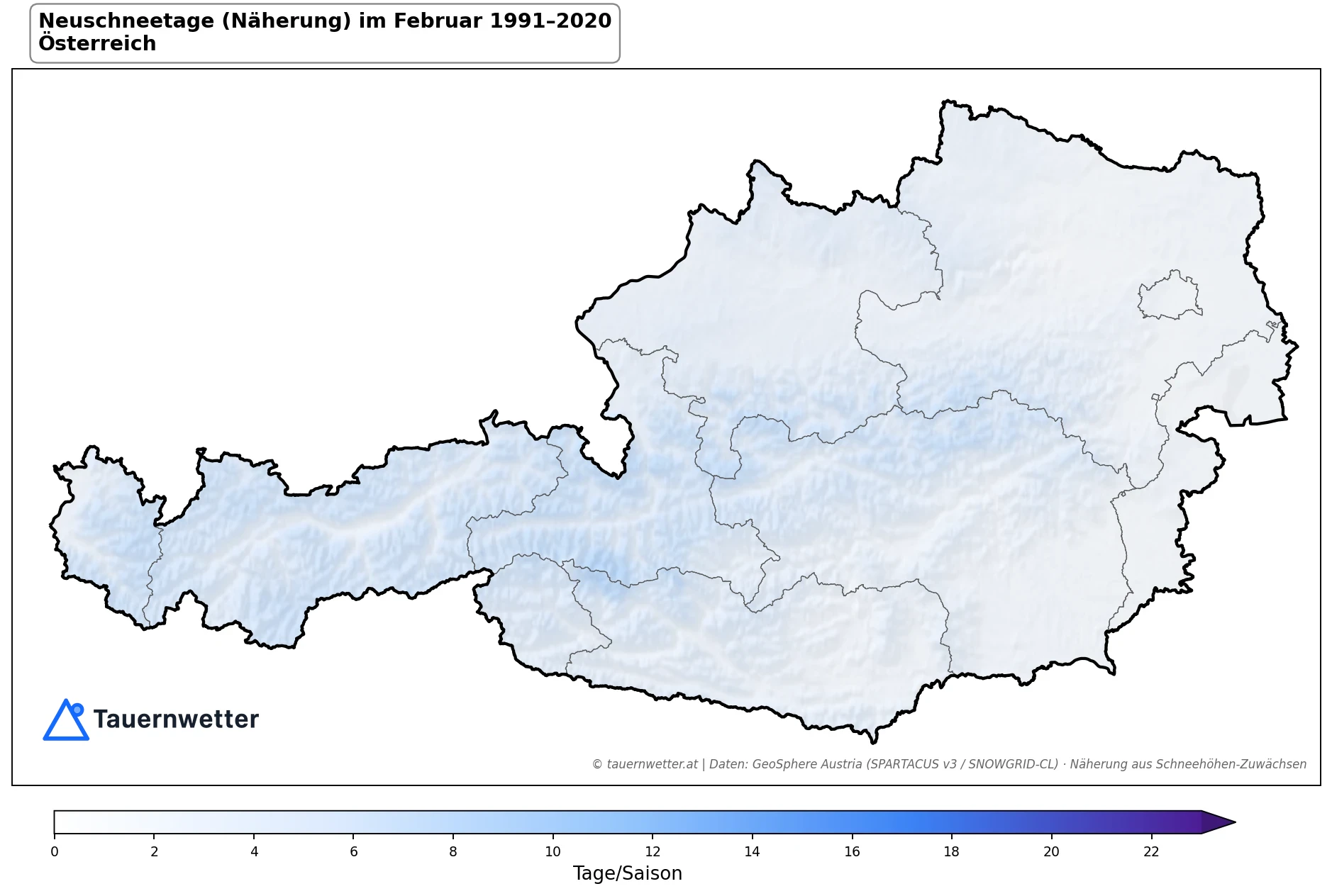 Klimakarte Neuschneetage (Näherung), Februar 1991–2020 in Österreich
