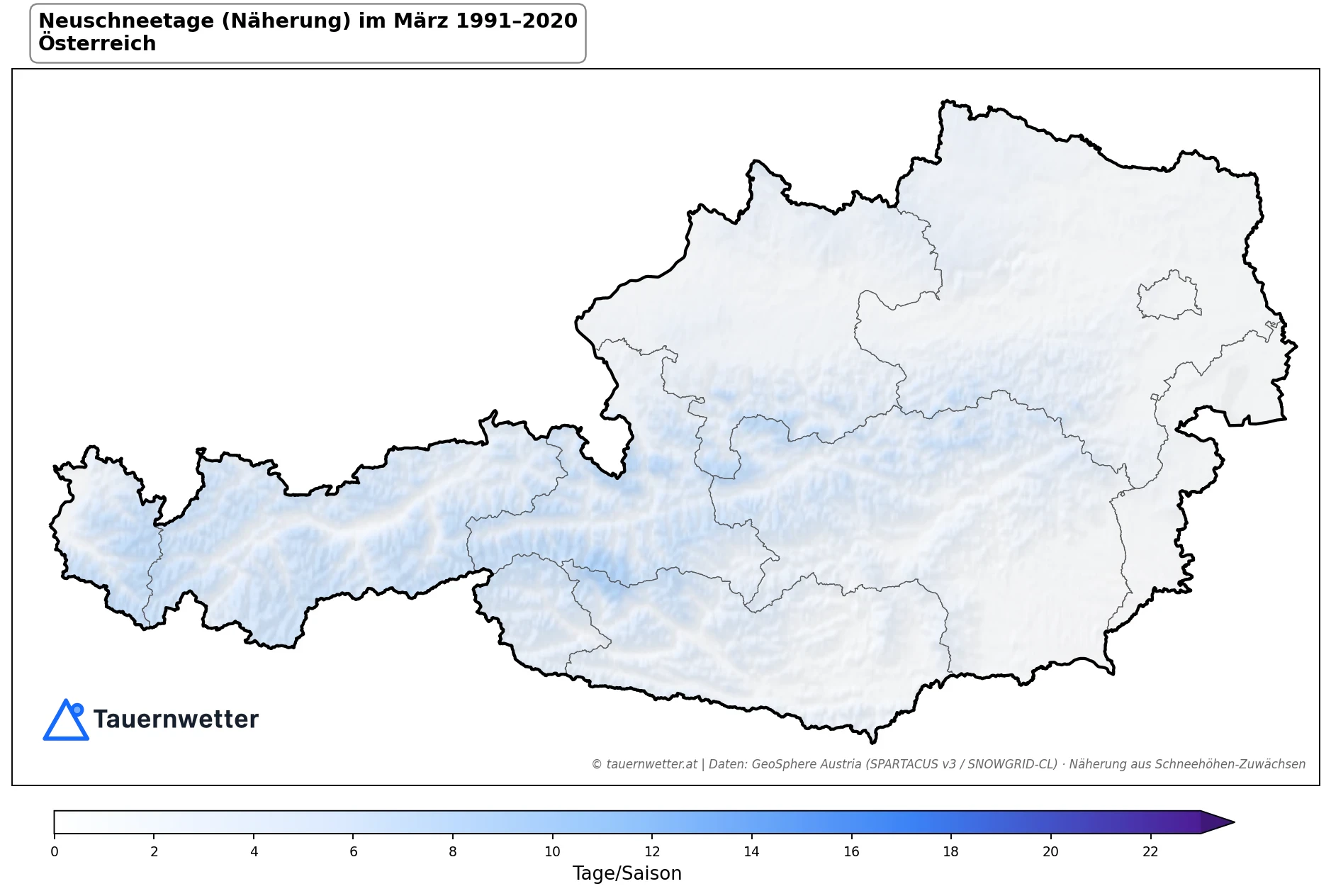 Klimakarte Neuschneetage (Näherung), März 1991–2020 in Österreich