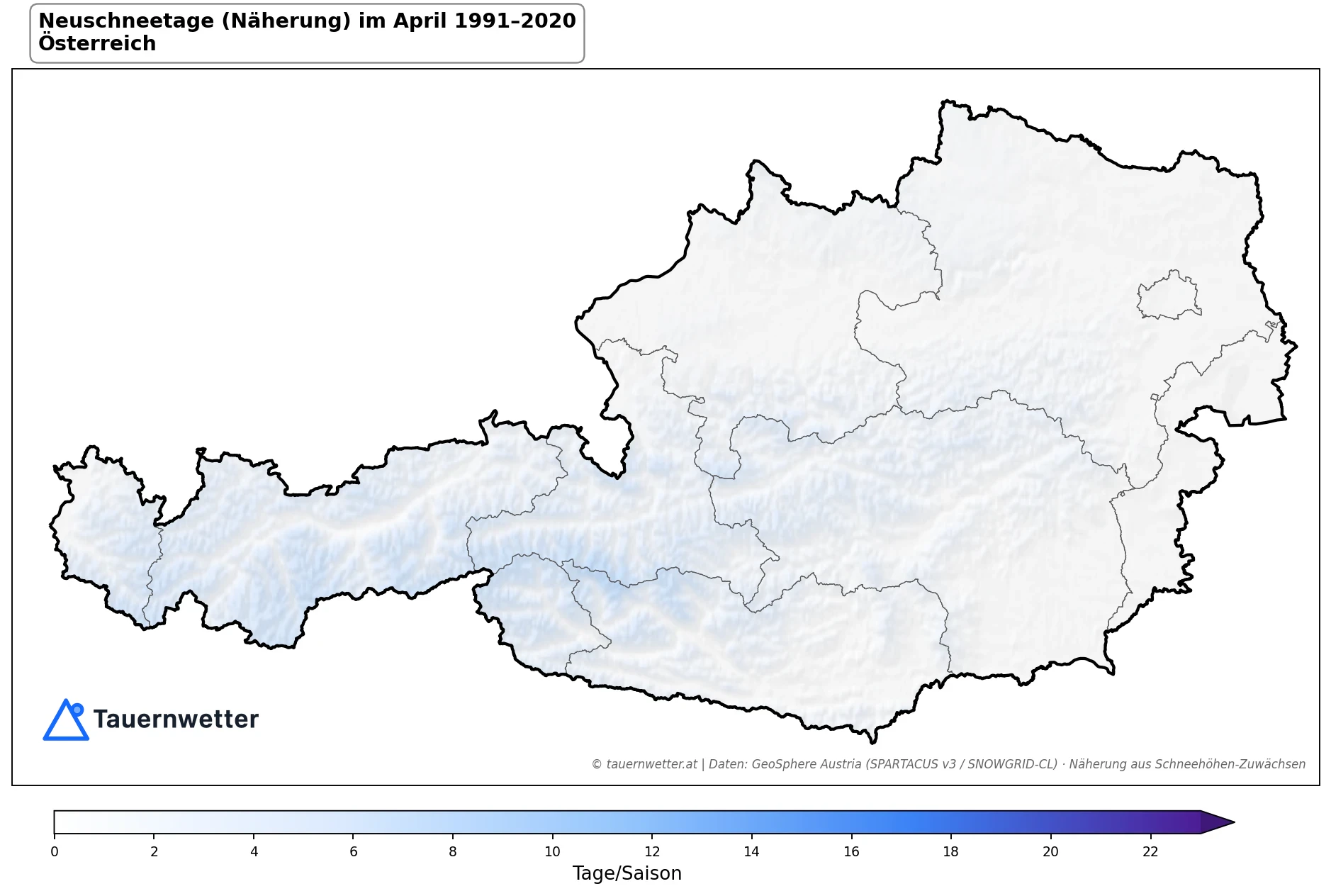 Klimakarte Neuschneetage (Näherung), April 1991–2020 in Österreich
