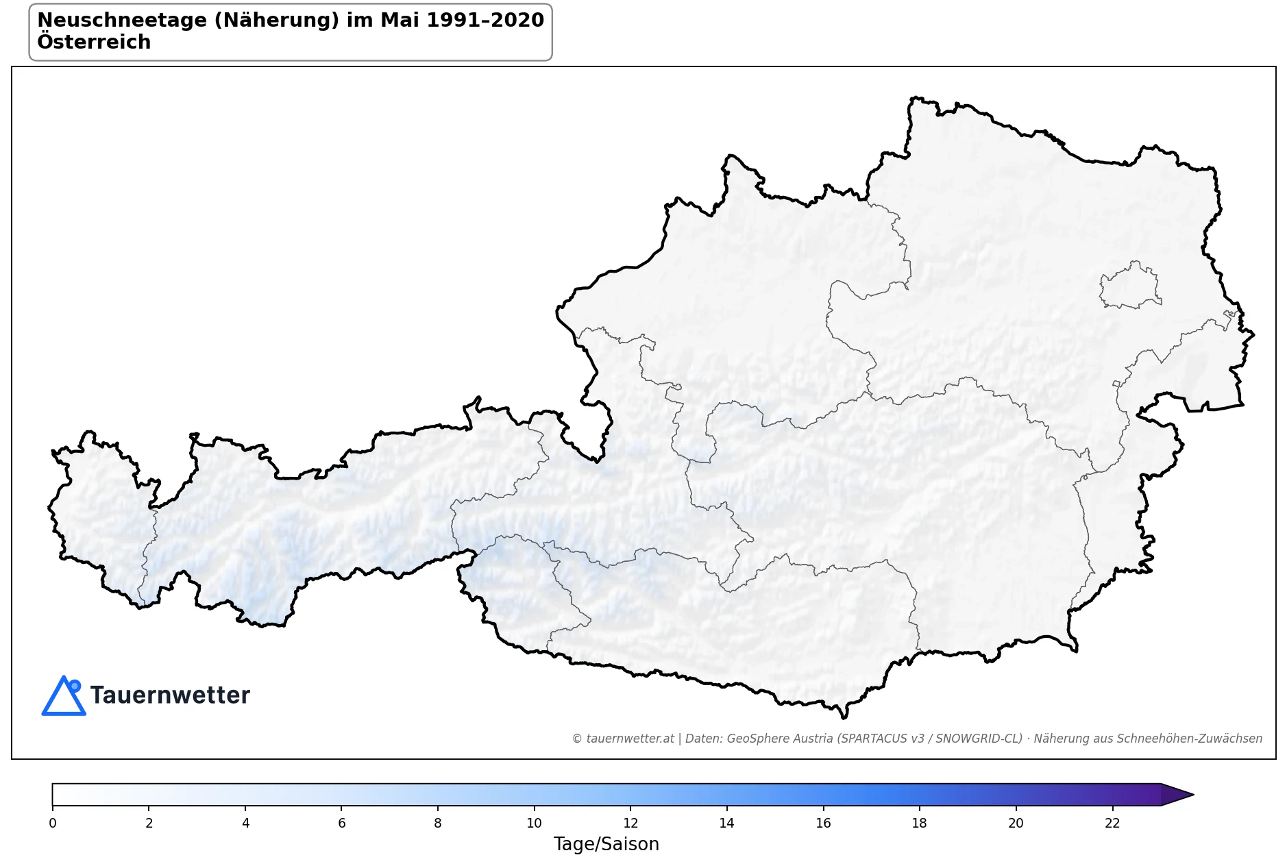 Klimakarte Neuschneetage (Näherung), Mai 1991–2020 in Österreich