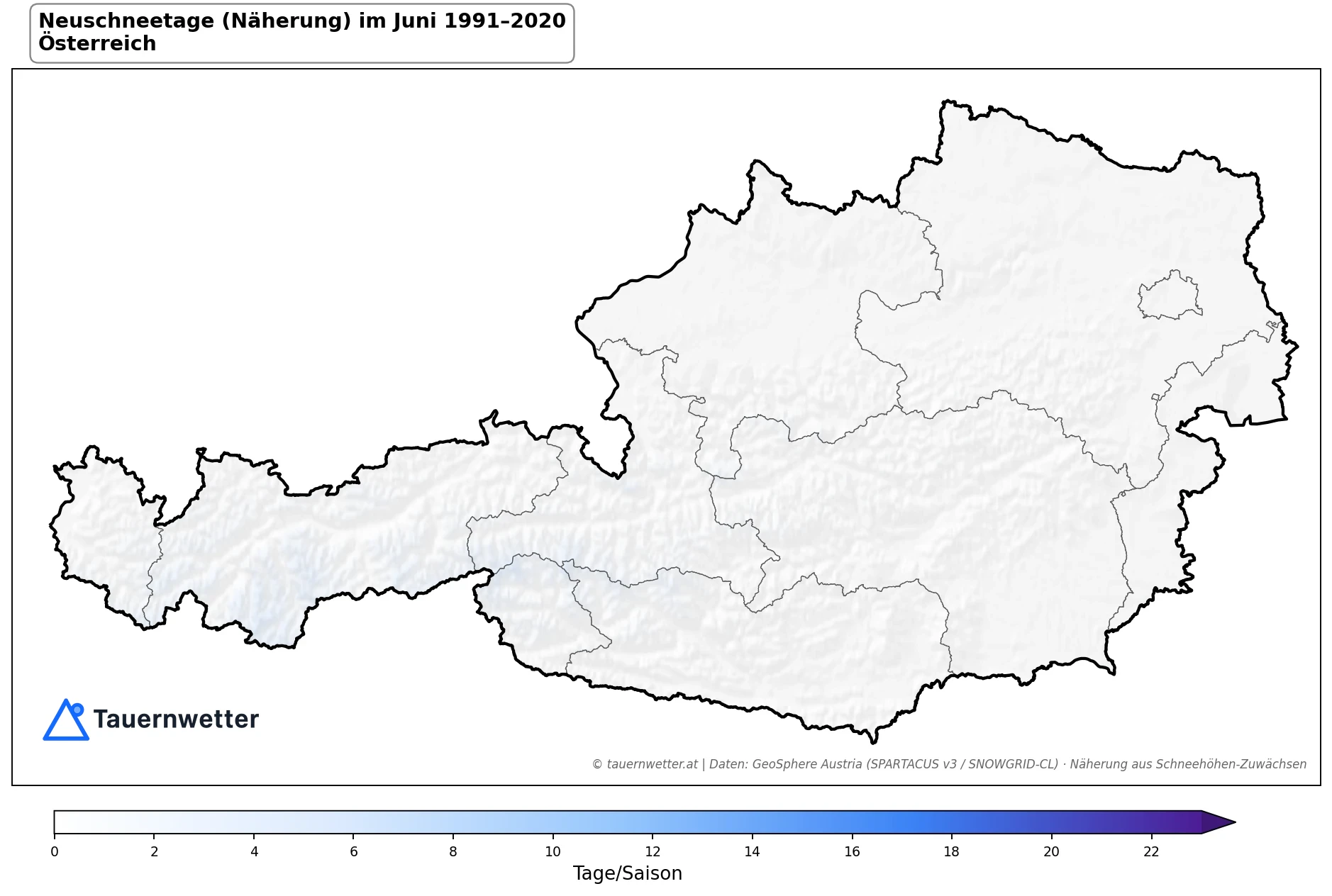 Klimakarte Neuschneetage (Näherung), Juni 1991–2020 in Österreich