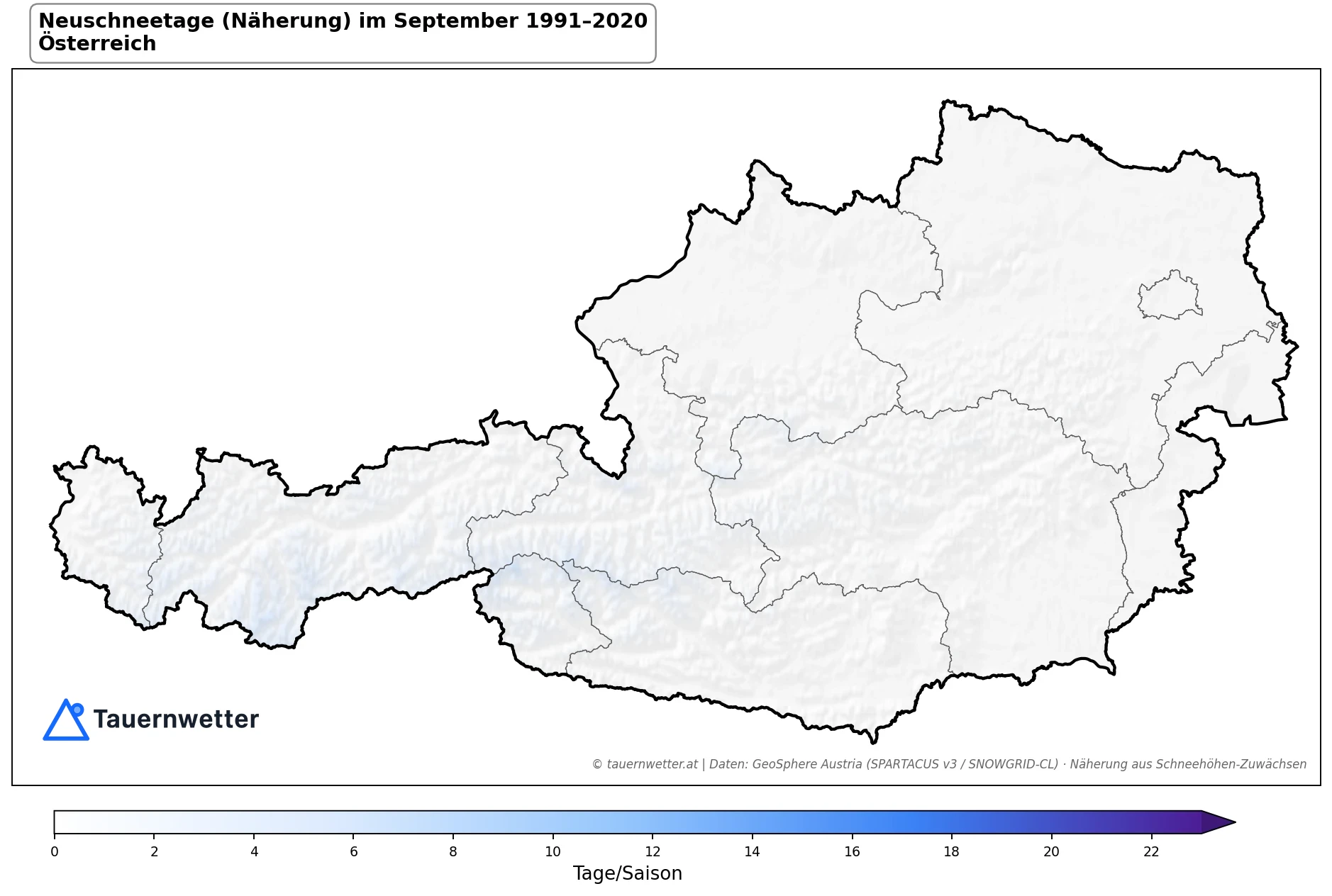 Klimakarte Neuschneetage (Näherung), September 1991–2020 in Österreich