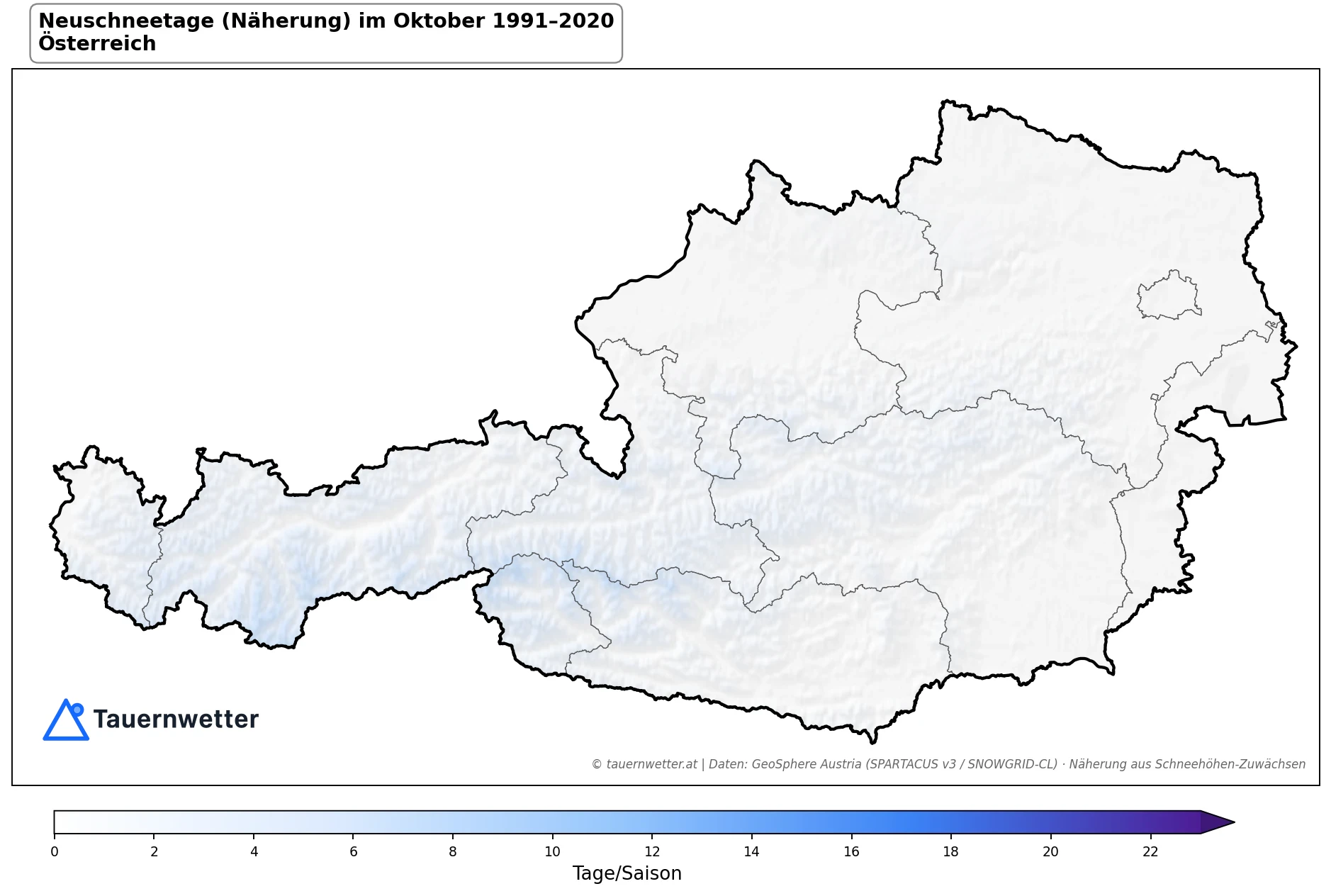 Klimakarte Neuschneetage (Näherung), Oktober 1991–2020 in Österreich