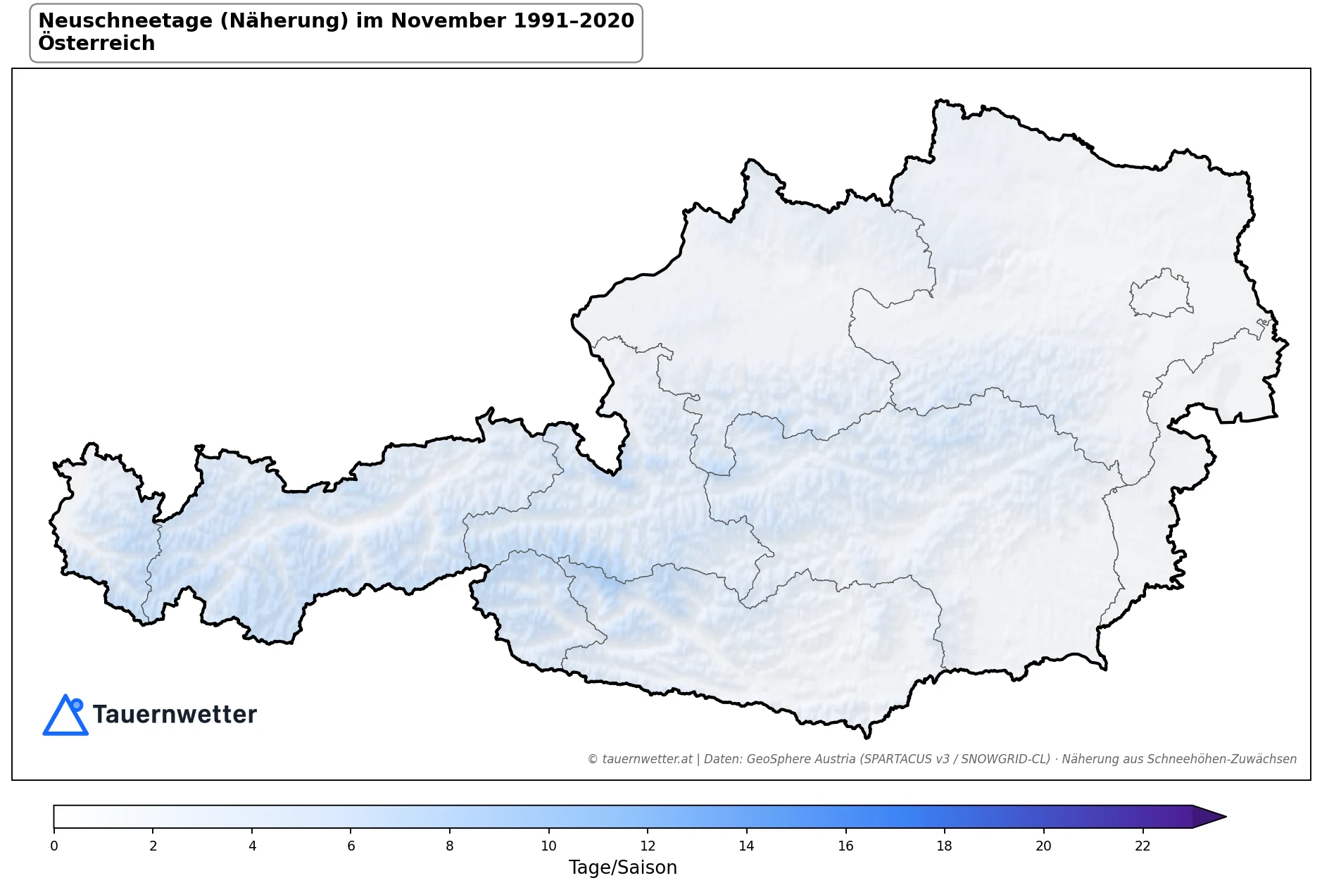 Klimakarte Neuschneetage (Näherung), November 1991–2020 in Österreich