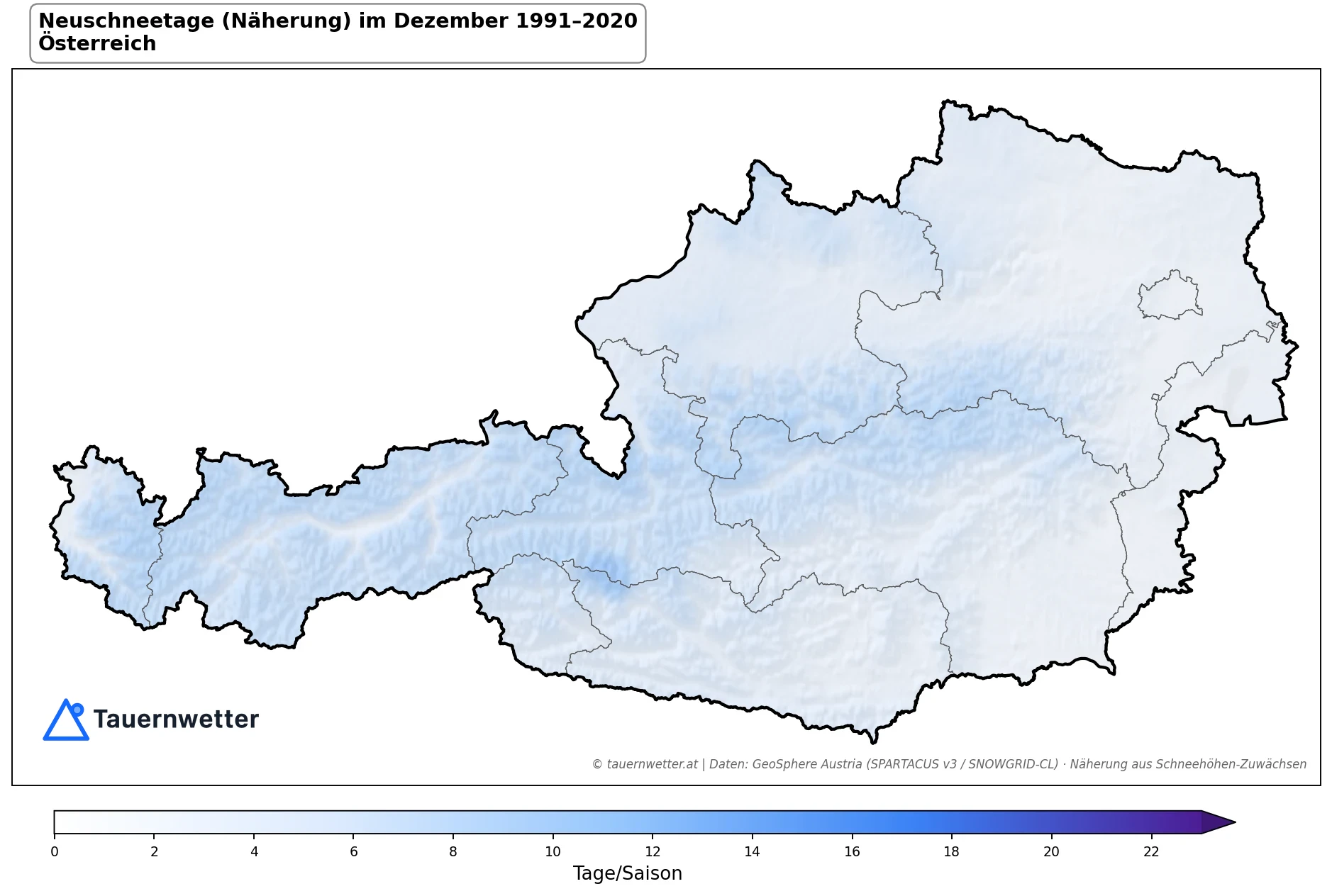 Klimakarte Neuschneetage (Näherung), Dezember 1991–2020 in Österreich