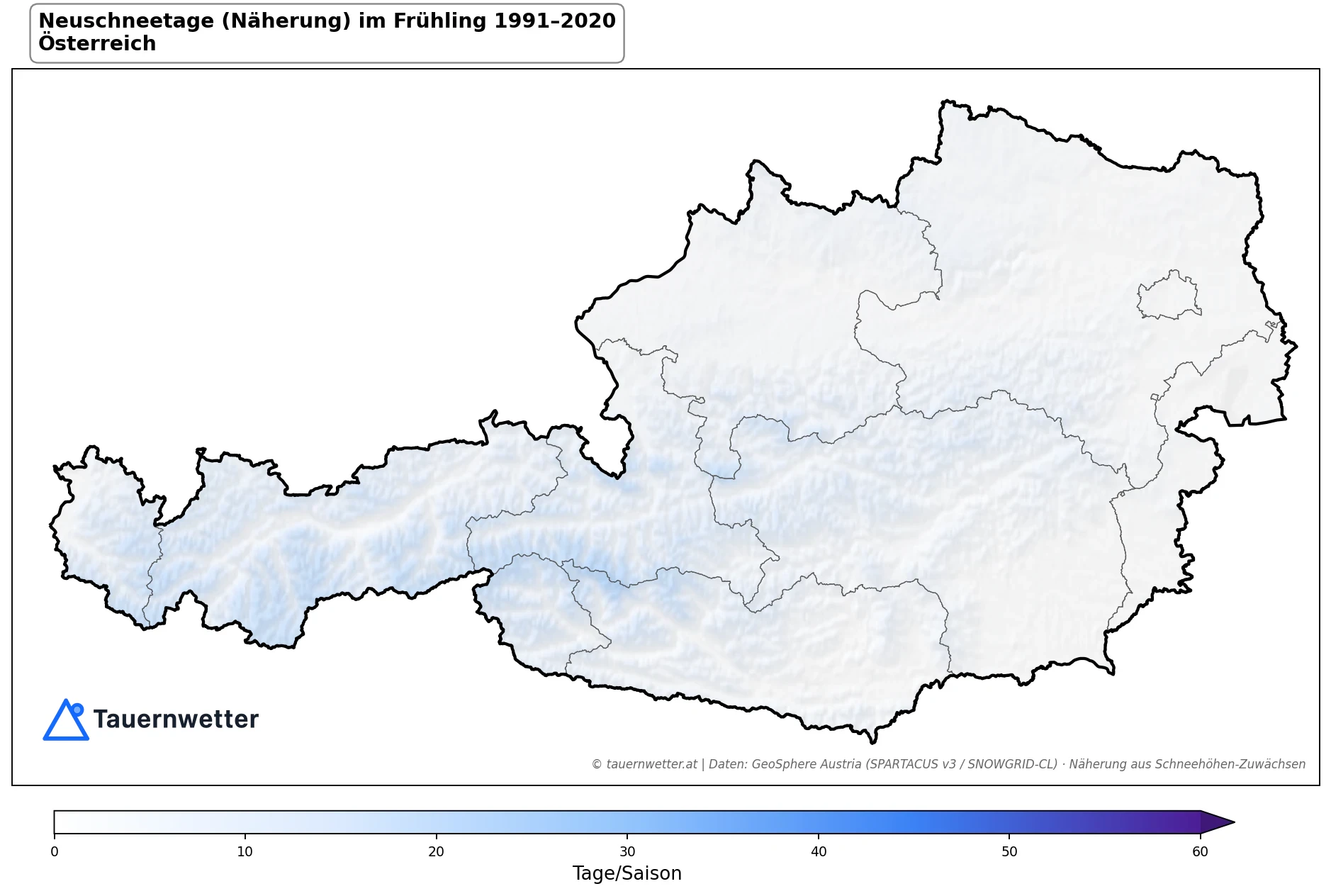 Klimakarte Neuschneetage (Näherung), Frühling (MAM) 1991–2020 in Österreich