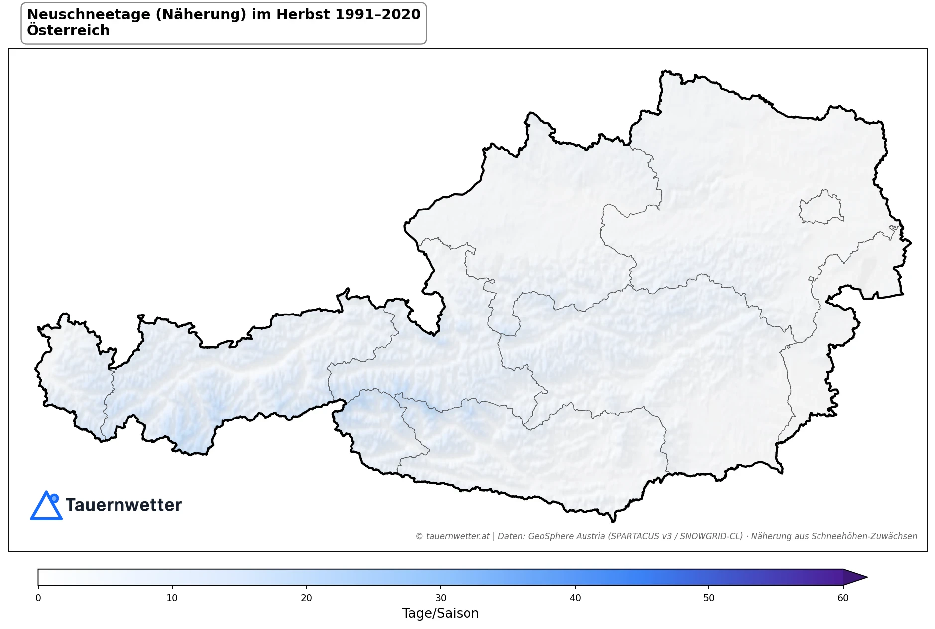 Klimakarte Neuschneetage (Näherung), Herbst (SON) 1991–2020 in Österreich