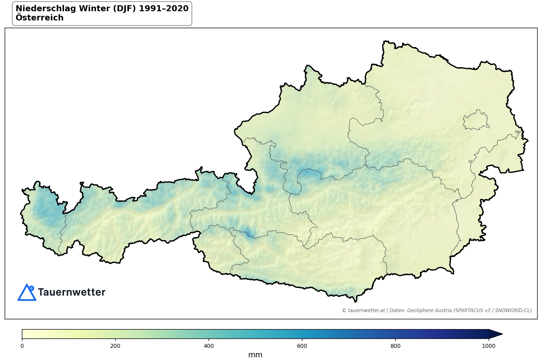 Klimakarte Niederschlagssumme, Winter (DJF) 1991–2020 in Österreich