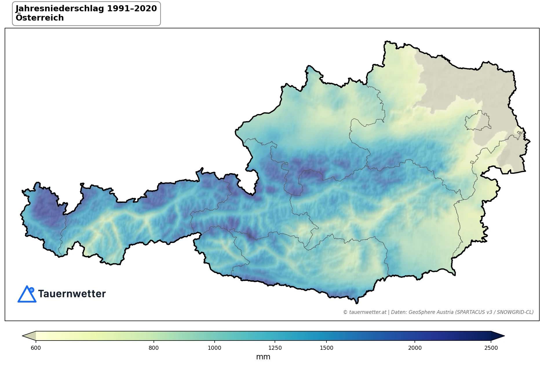 Klimakarte Niederschlagssumme, Jahr 1991–2020 in Österreich