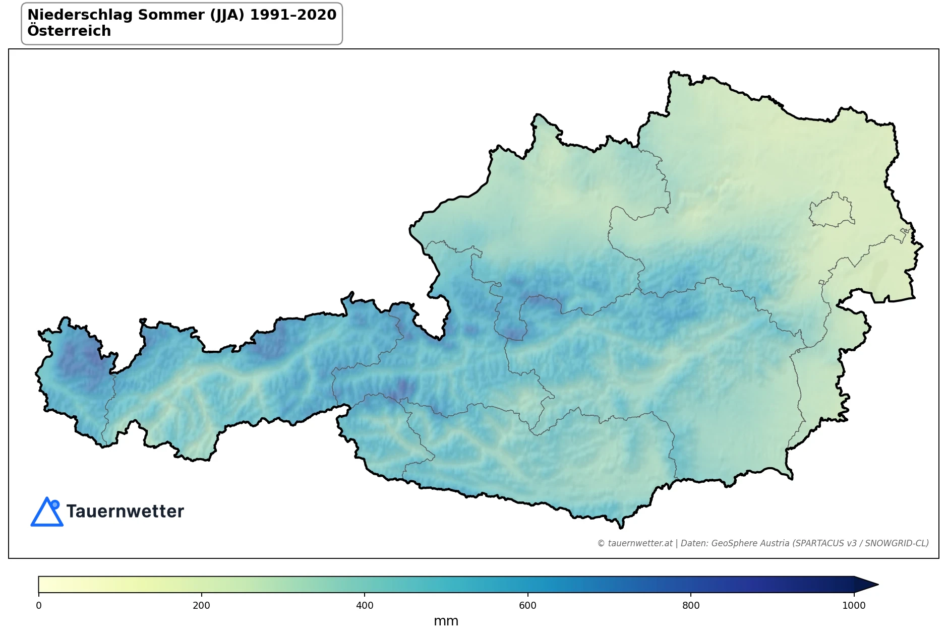 Klimakarte Niederschlagssumme, Sommer (JJA) 1991–2020 in Österreich