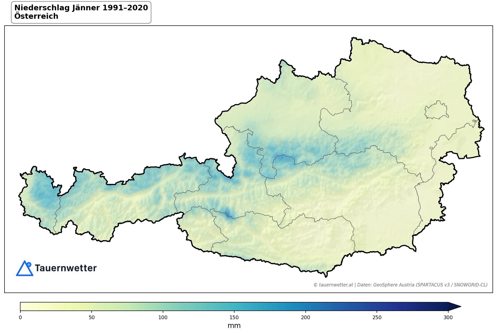 Klimakarte Niederschlagssumme, Jänner 1991–2020 in Österreich